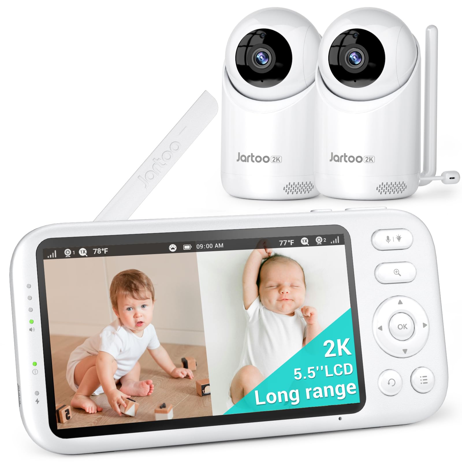 Jartoo 2K Video Baby Monitor with 2 Cameras and Audio, 3000ft Long Range Baby Monitor No WiFi, 5.5" Split Display, VOX - AI Cry Detect, ANR, IR Night Vision, 2-Way Audio, 6000mAh