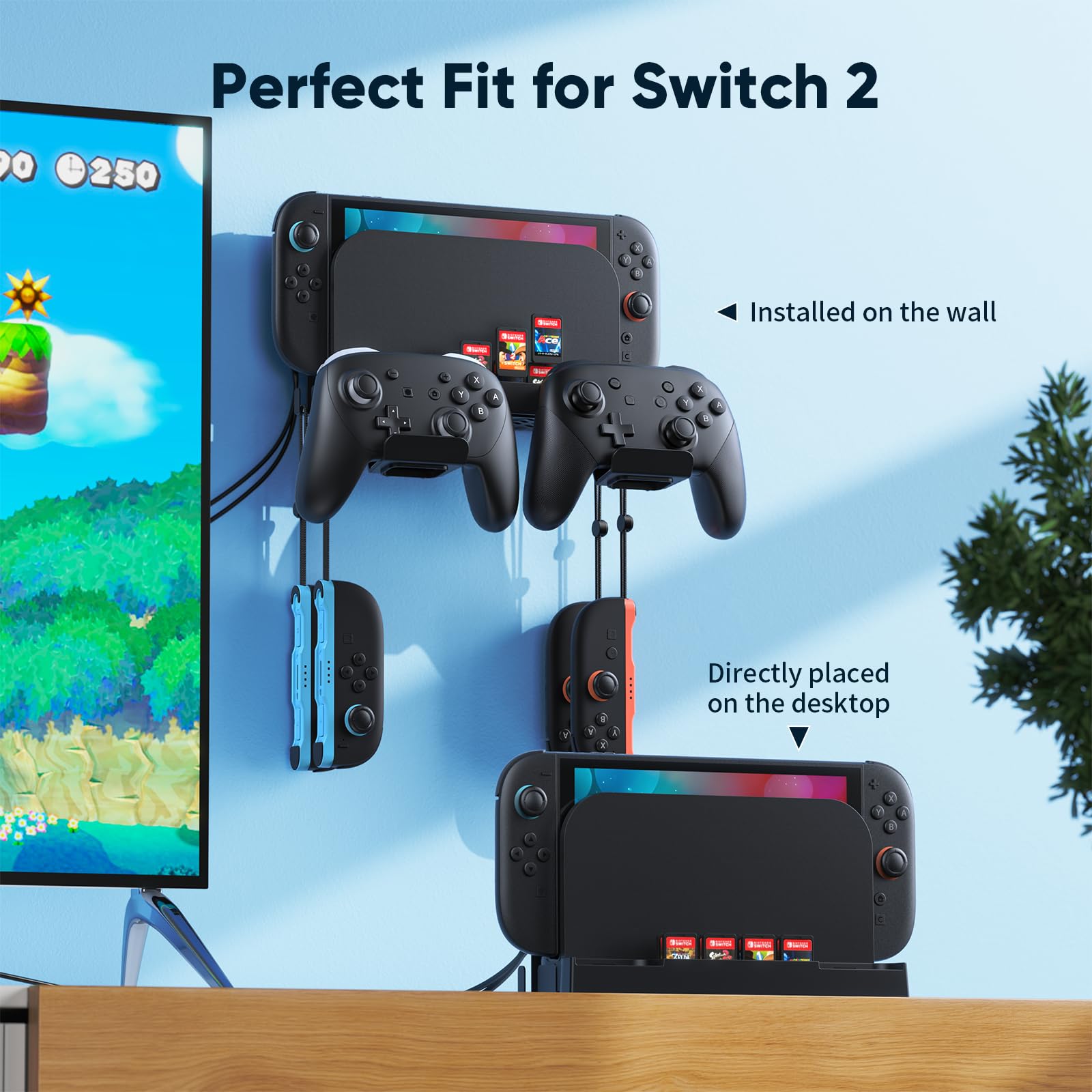 Klipdasse Support Mural Métallique pour Nintendo Switch 2/1 (Montage derrière TV) - Étagère Organisatrice Switch 2 avec 10 Fentes pour Cartes de Jeu et 4 Crochets pour Joycon