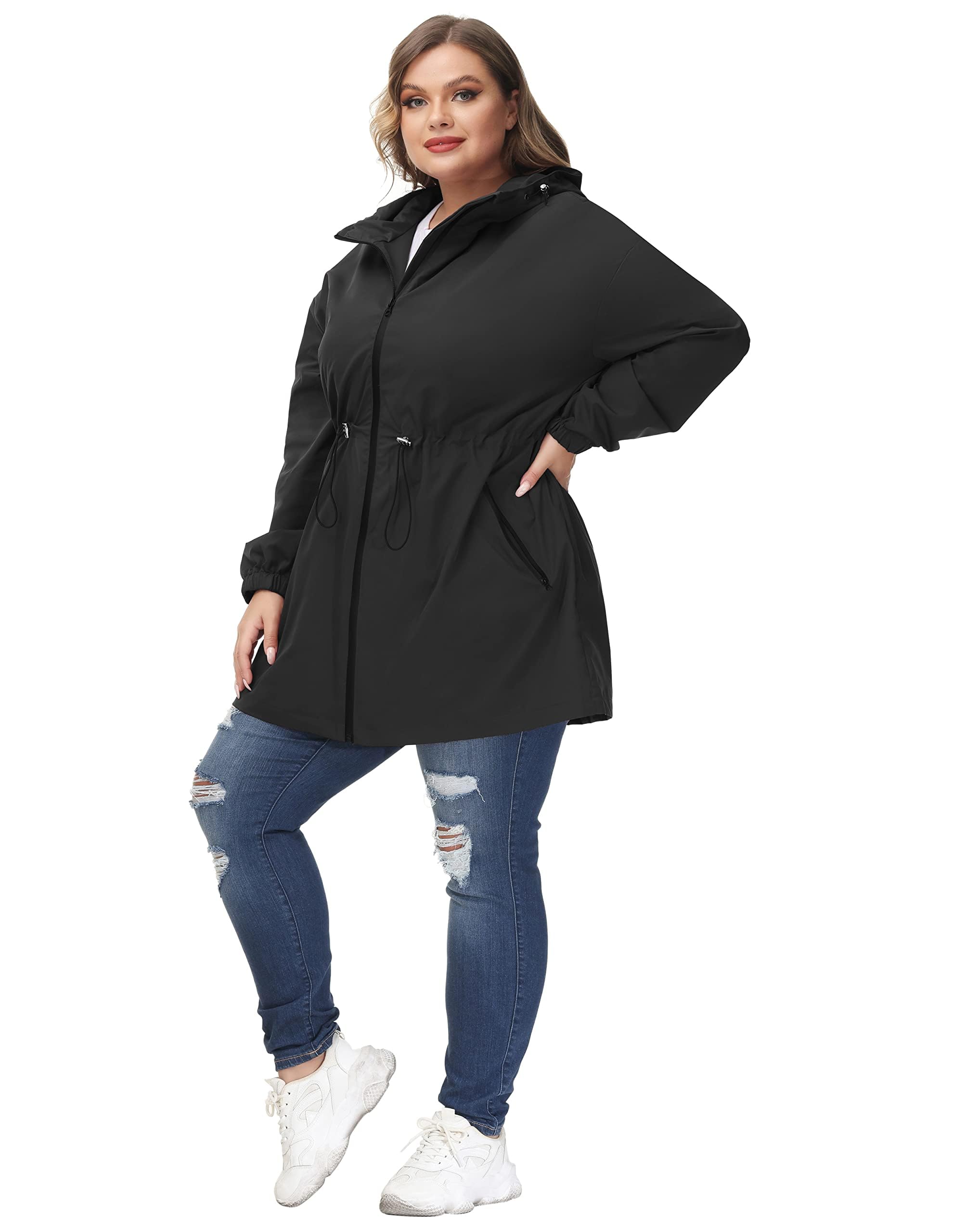 Hanna Nikole Chaqueta impermeable con capucha para mujer, talla grande, cortavientos, Negro, 20W (50 EU)
