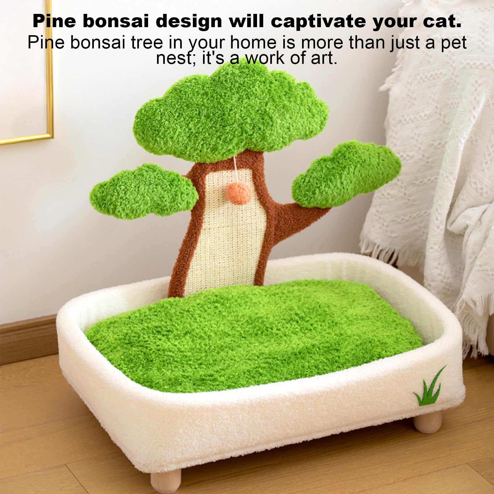 Cama para Mascotas – Cueva para Gatos en Maceta de Pino con Bola de Felpa | y almohadilla para rascar, cueva extraíble y lavable para mascotas, para , sala de estar, dormitorio al lado