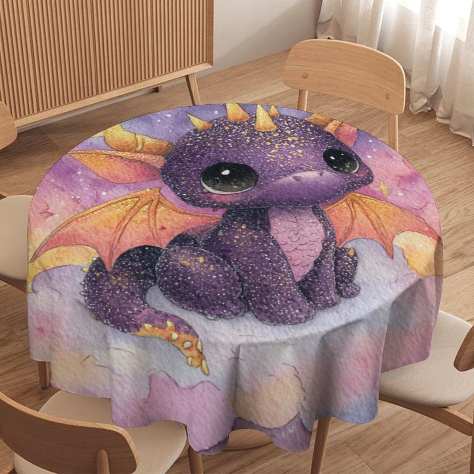 LUYYSKY Colorful Cartoon Cute Dragons Waterproof Round Tablecloth Rustic Watercolor Art Galaxy Starry Sky Fantasy Animals Dragons Print Washable Table Cover for Kitchen-91.4" Wx91.4 L cm
