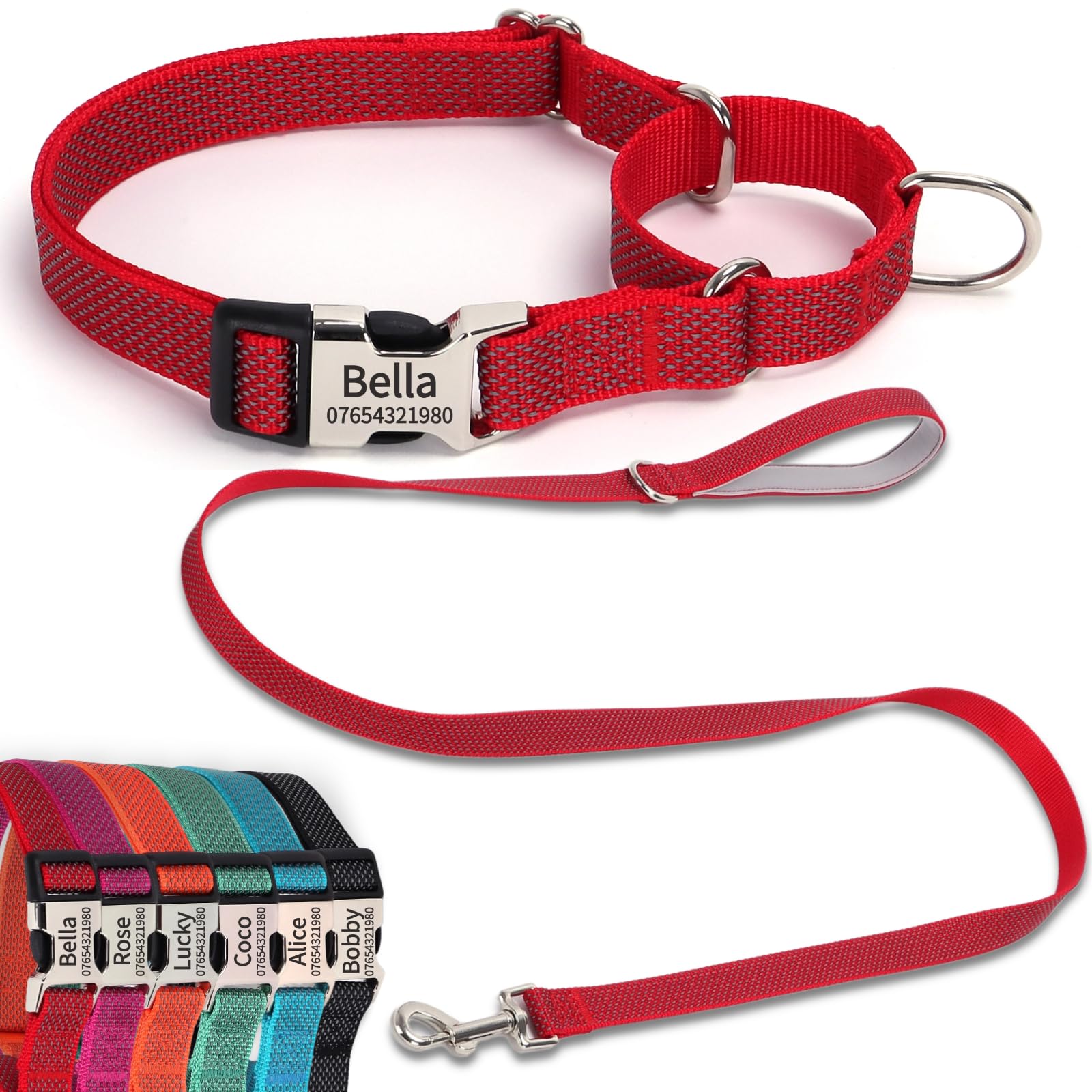 SEOUGEE Martingale Dog Collar Personalised and Lead Set, Reflective Nylon Anti-choke Dog Collars and Leash with Custom Engraved Buckle, Walking Training for Small Dogs (S Red Set, 30-40cm)