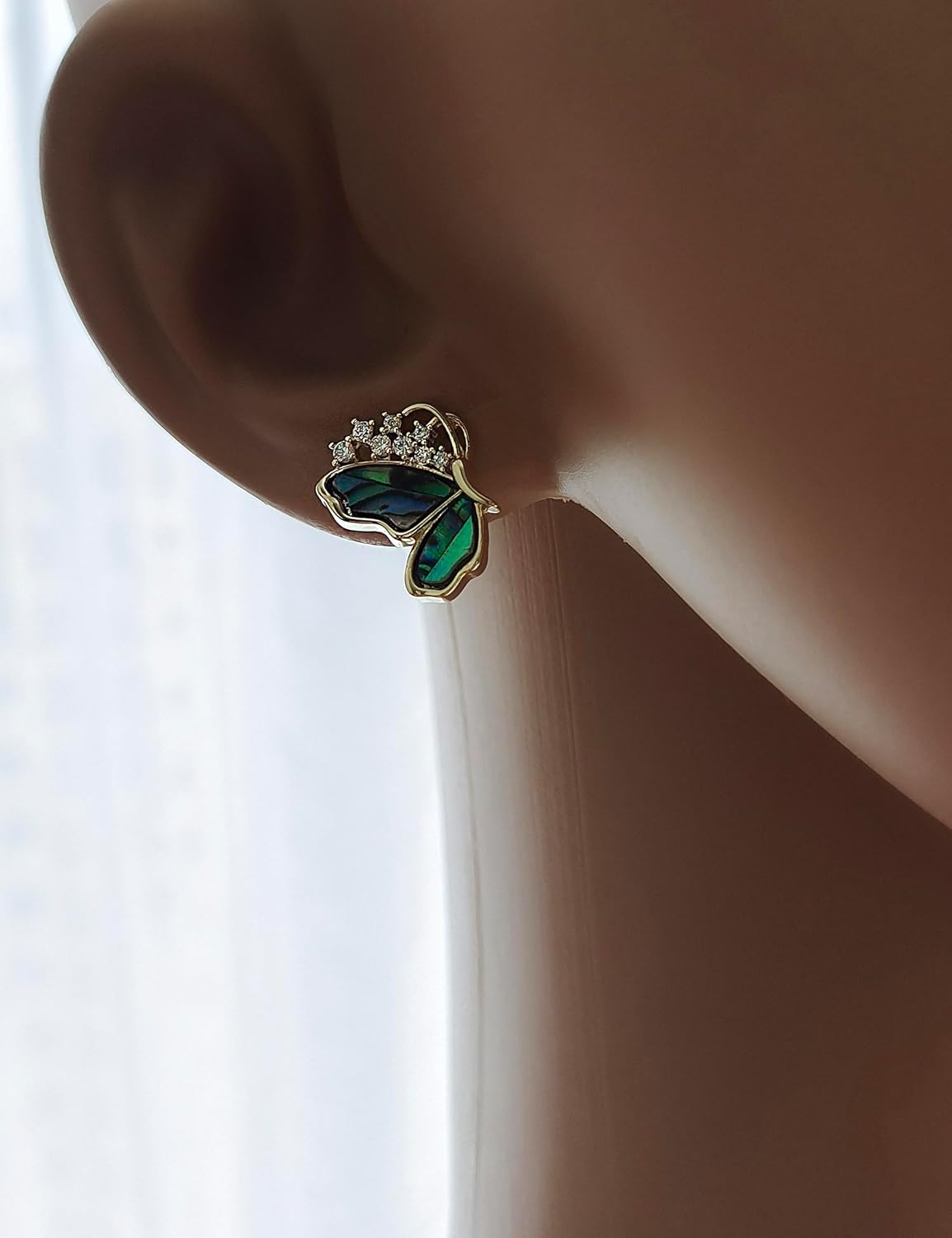 Abalone Shell Butterfly Stud Earrings for Women - Cubic Zirconia Crystals Half Butterfly Earrings in 14K Gold - Image 6