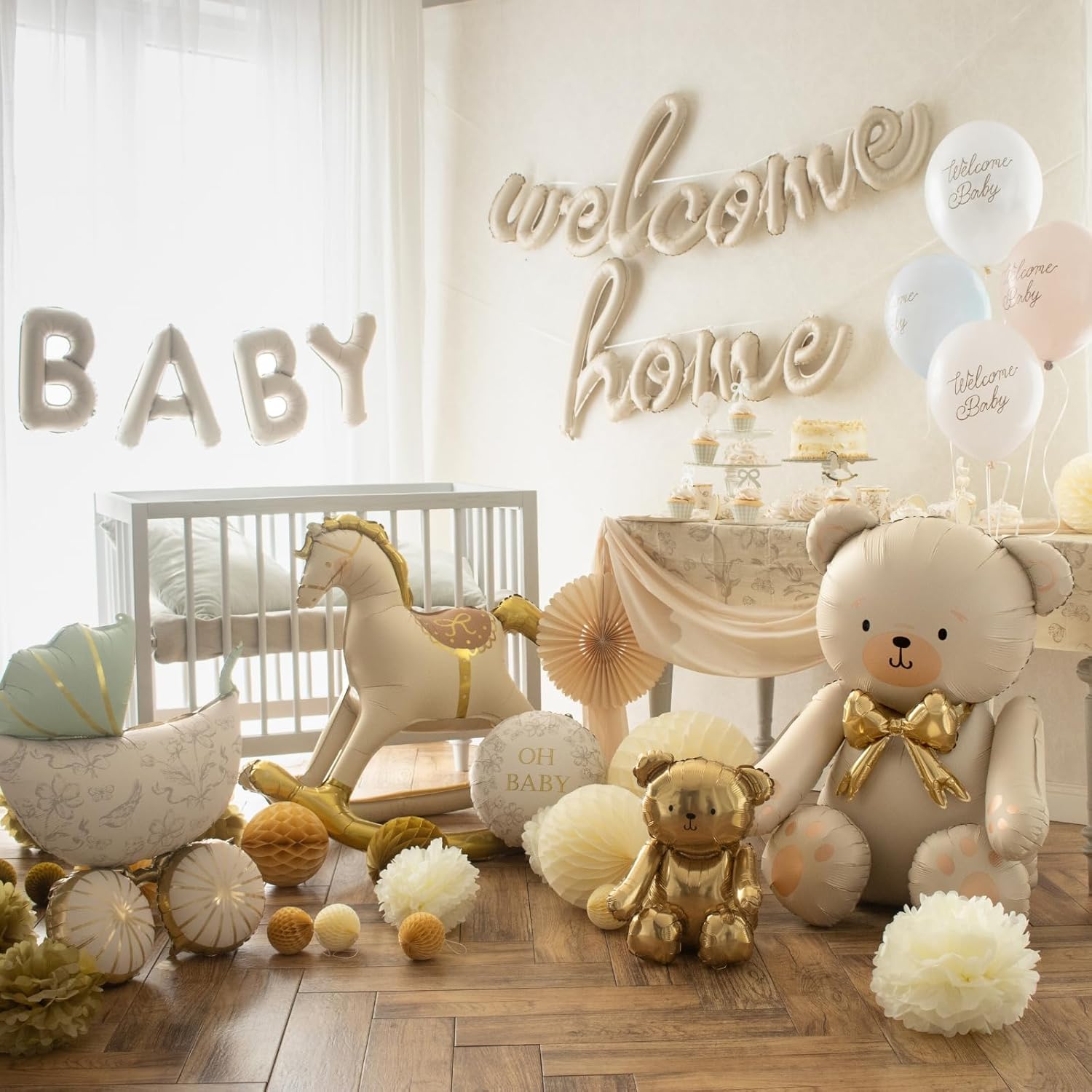 Giant Teddy Bear Foil Balloon PartyDeco 29.5x33 Inch – Cute Cream Bear Balloons with Gold Bow for Baby Shower, Birthday Kids, Gender Reveal Neutral Party Decor