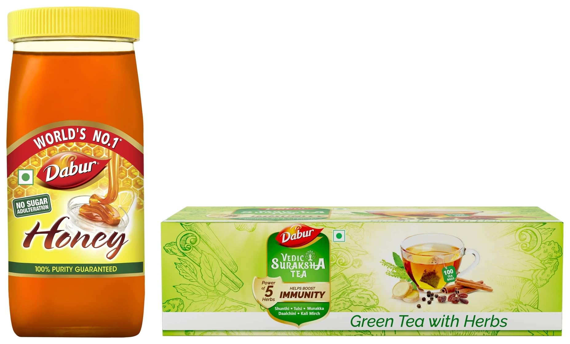 Dabur Honey :100% Pure Worlds No.1 Honey Brand - 1kg (Get 20% Extra) & Vedic Suraksha Green Tea | Contains Ayurvedic Herbs Like Tulsi, Daalchini, Shunthi, Black Pepper and Kishmish, 100 Tea Bags (B09VG9R2SW) Amazon Price History, Amazon Price Tracker