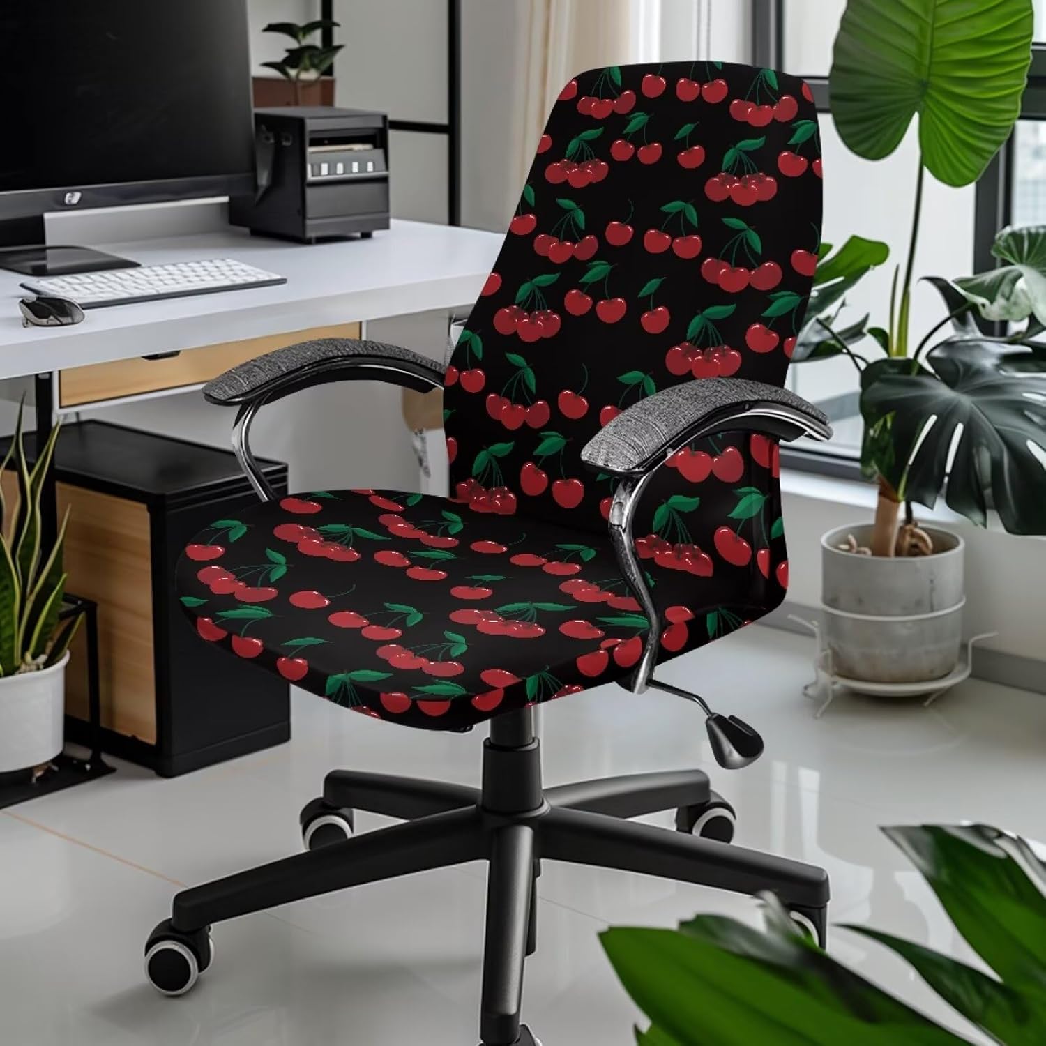 Office Chair Cover Stretch Fabric Computer Chair Slipcover Red Cherry Print Washable Anti-Dust Rotating Chair Protector for Boss Chair Home Decor, Large