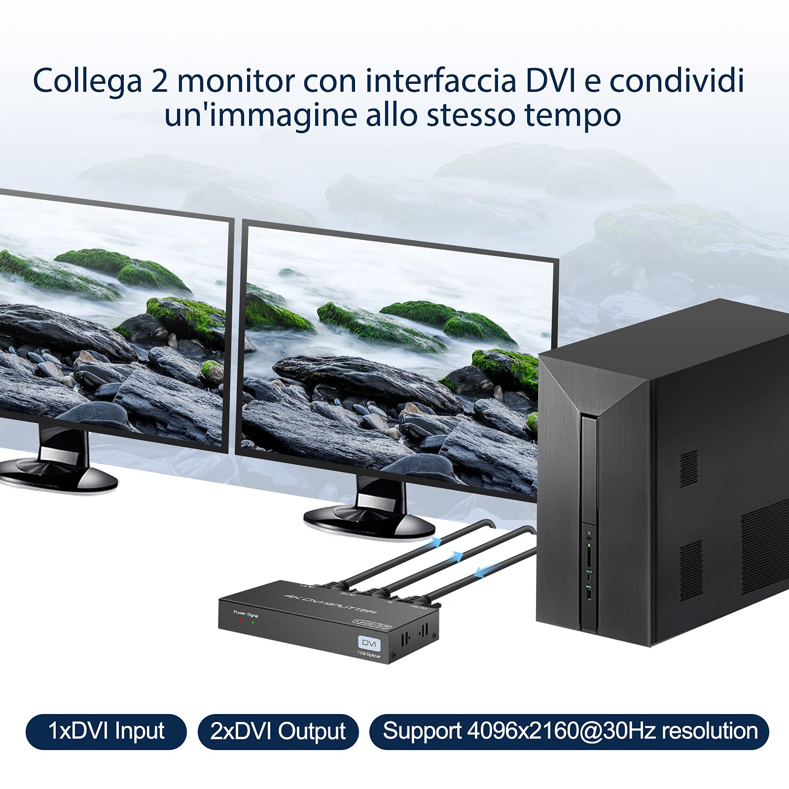 VEDINDUST Rozdzielacz DVI 2-portowy,DVI 1 wejście 2 wyjście,Rozdzielacz z 1 wejściem i 2 wyjściami obsługuje rozdzielczości do 4K/30Hz,Nadaje się do komputera przenośnego DVR projektor HDTV