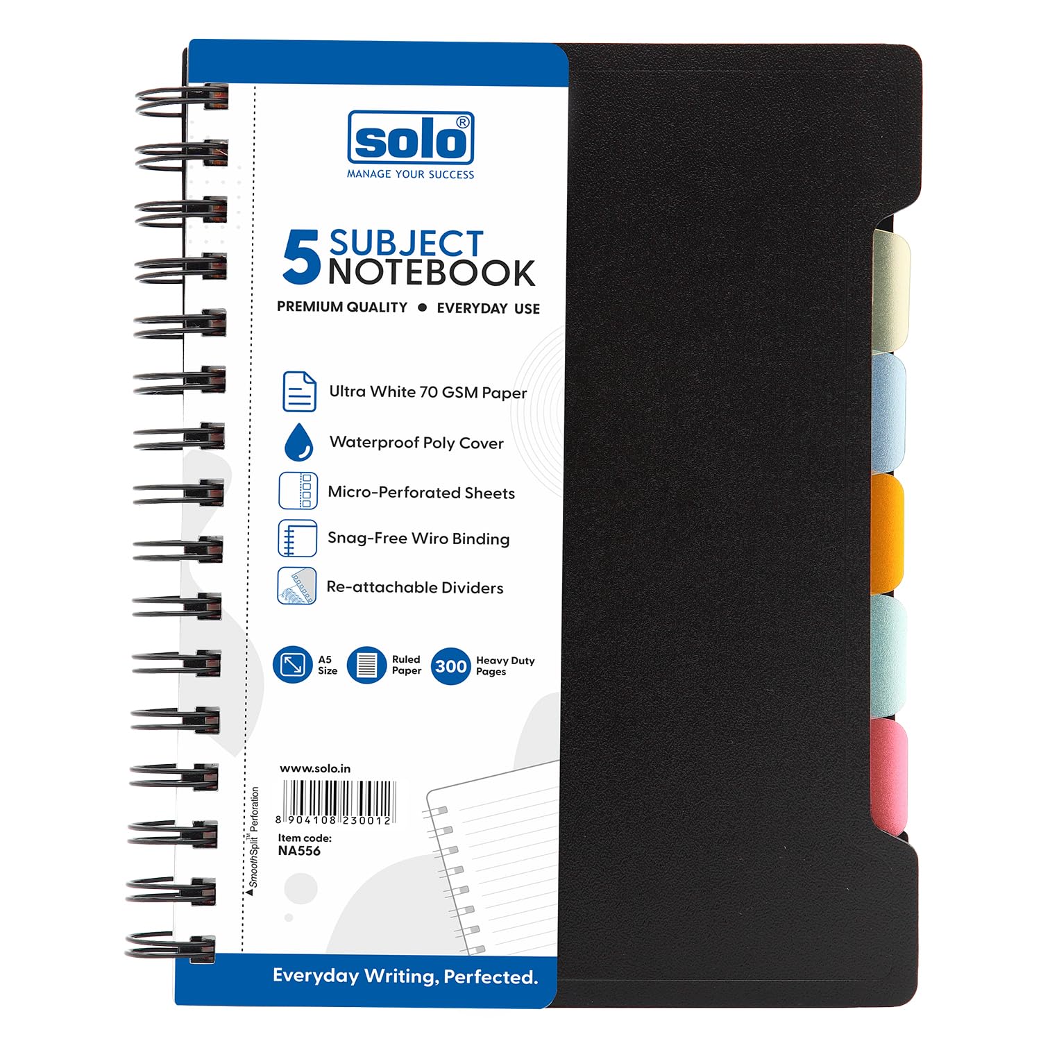 SOLO 5 Subject Notebook – A5 | 300 Pages, 70 GSM | Re-attachable Dividers, Monthly Planner, Storage Pocket & Card Slot | Smooth Writing Paper with Perforation | (NA555) (Black, A5)