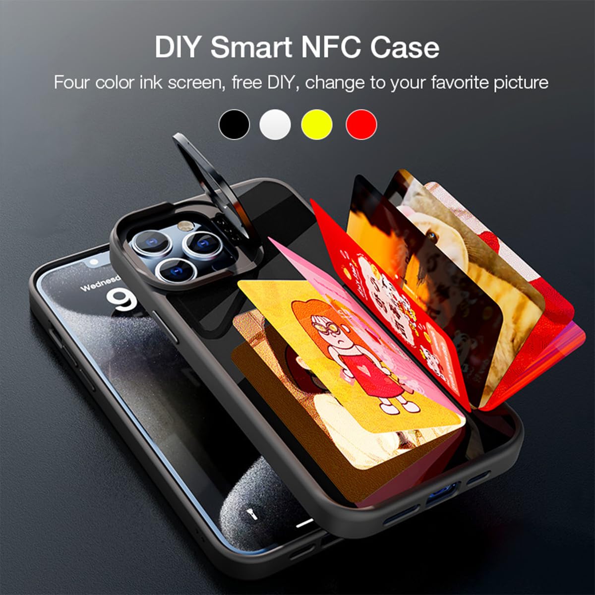 QSM Funda con soporte de tinta electrónica para iPhone 13-15, funda de tinta NFC personalizada con fotos que muestra instantáneamente fotos en la parte trasera de la pantalla de tinta, personaliza tu