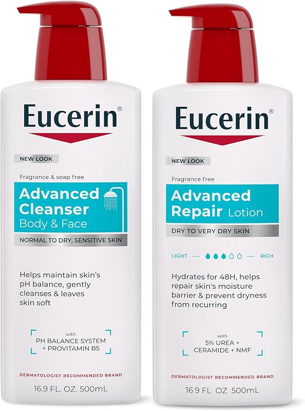 Eucerin Dry Skin Relief Bundle, Cleanser and Lotion, Variety pack, 2 Items | Advanced Repair Body Lotion (16.9 FL OZ), Cleanser for Body and Face (16.9 FL OZ), Dyes, Paraben and Fragrance Free