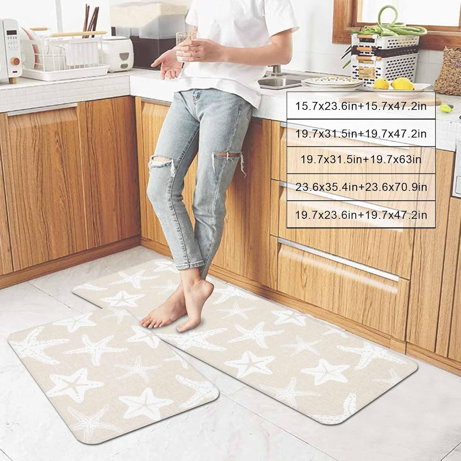 Starfish Kitchen Mats Set of 2 Summer Beach Nautical Ocean Sea Star Marine Life Beige Non Slip Mat Washable Floor Rug for Kitchen Sink Floor Laundry, 19.7"x31.5"+19.7"x63"