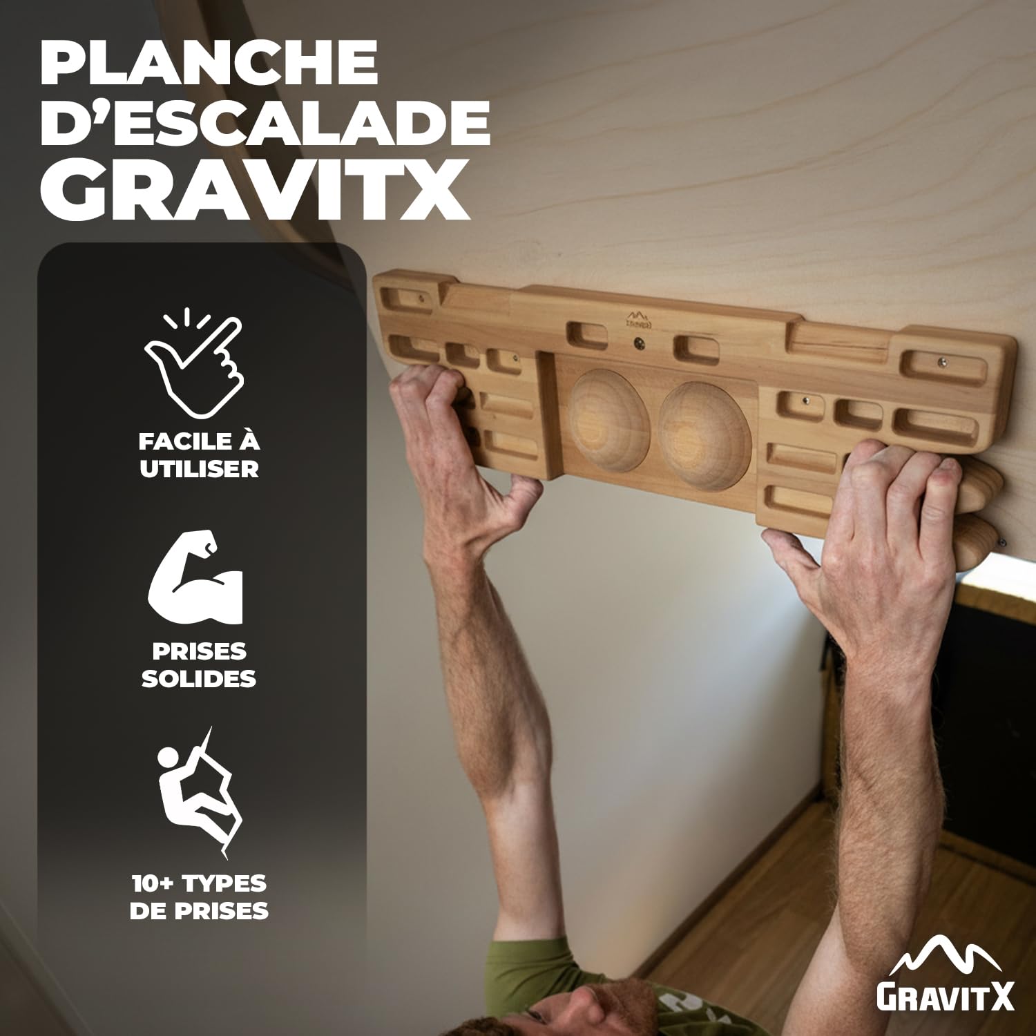 GravitX – Planche d’Escalade en Bois 65 cm – Fingerboard d’Entraînement avec Multiprises 18 à 45 mm – Accroche Murale avec Crochet de Sécurité et Plaques de Caoutchouc