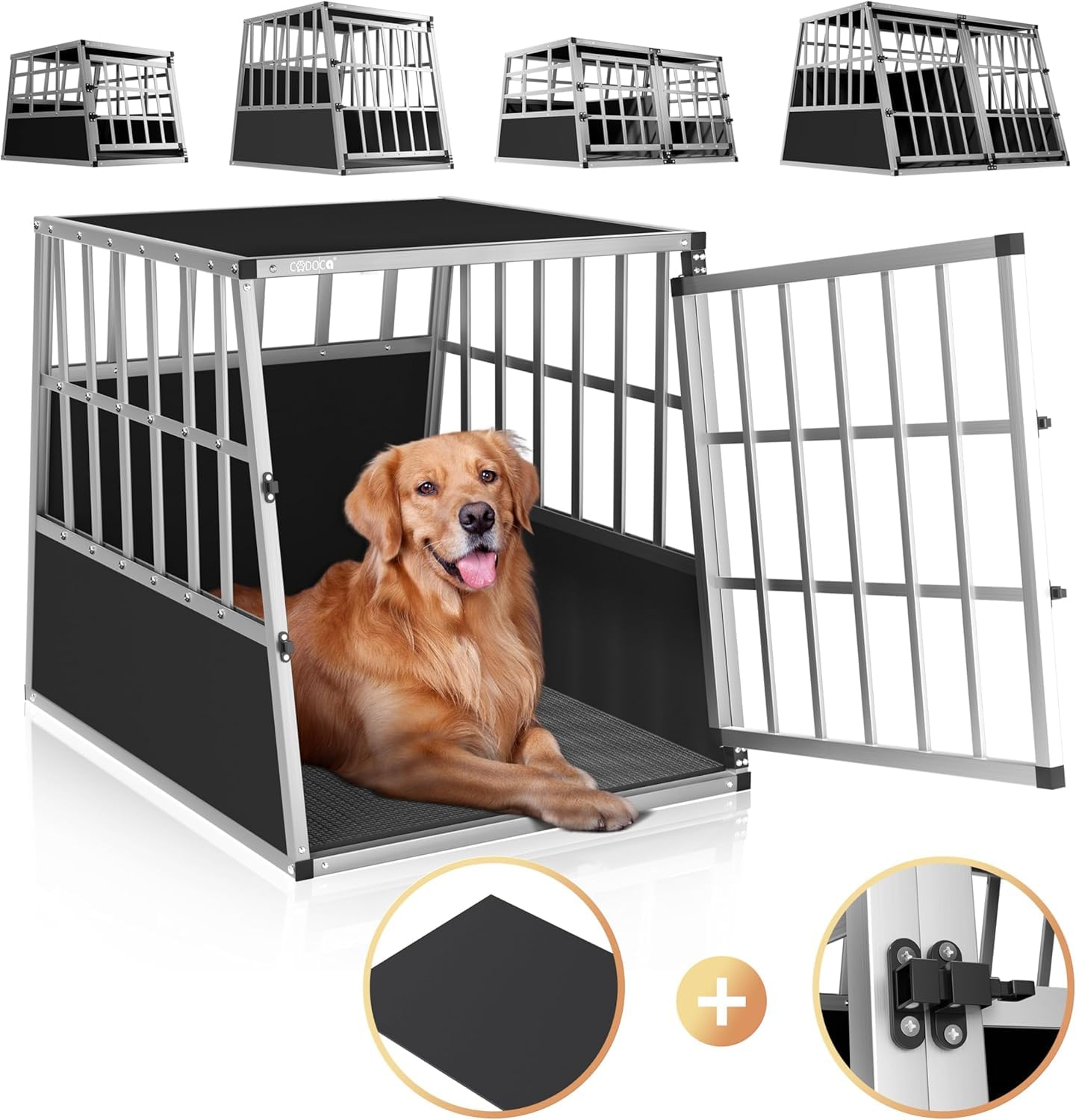 CADOCA Transportín Perro Aluminio 90x66x72cm Jaula Coche Mascotas | Pared Divisoria, Cerradura, MDF, Rejillas Ventilación, Protección Solar, Camping, Coche, Furgoneta, Esquinas Reforzadas