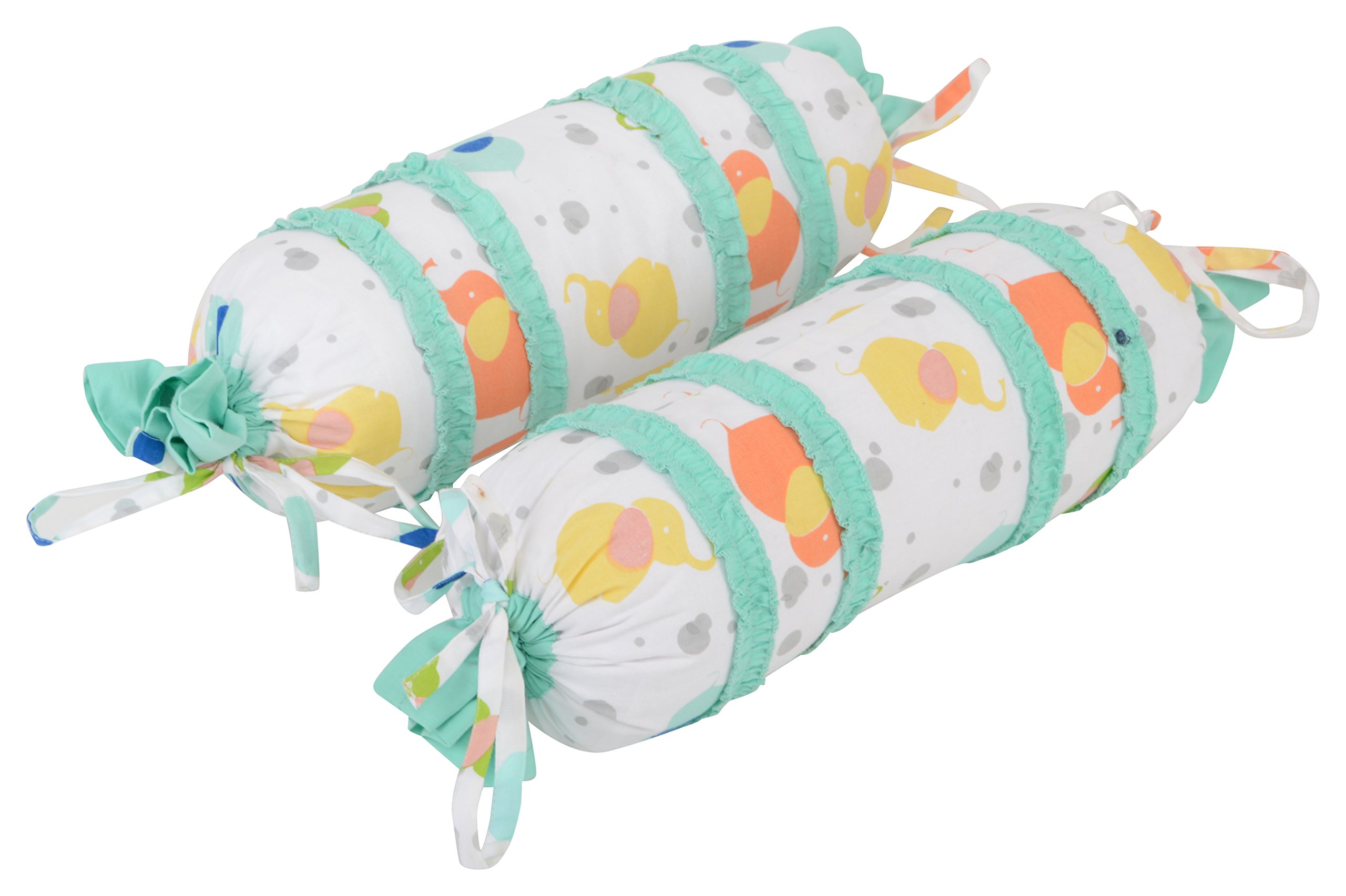 ACCENTHOME Baby Boy's and Baby Girl's Cotton Multi Print Bolsters (White, 35X12Cm Dia) - Set of 2