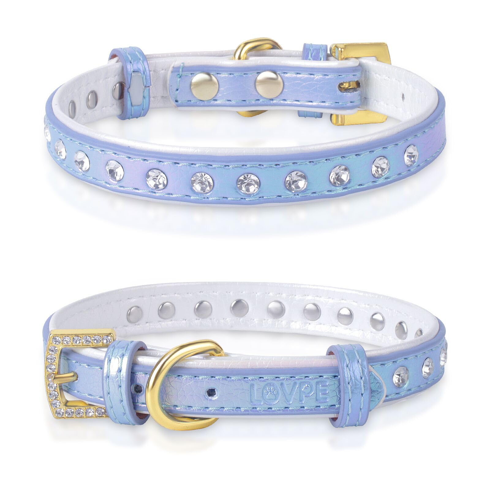 LOVPE Dog Collar Bling Leather with Studded Diamonds Glamorous Rhinestone Gold Buckle Accessory for Small to Medium Dogs,Cats,Girl & Boy Puppies