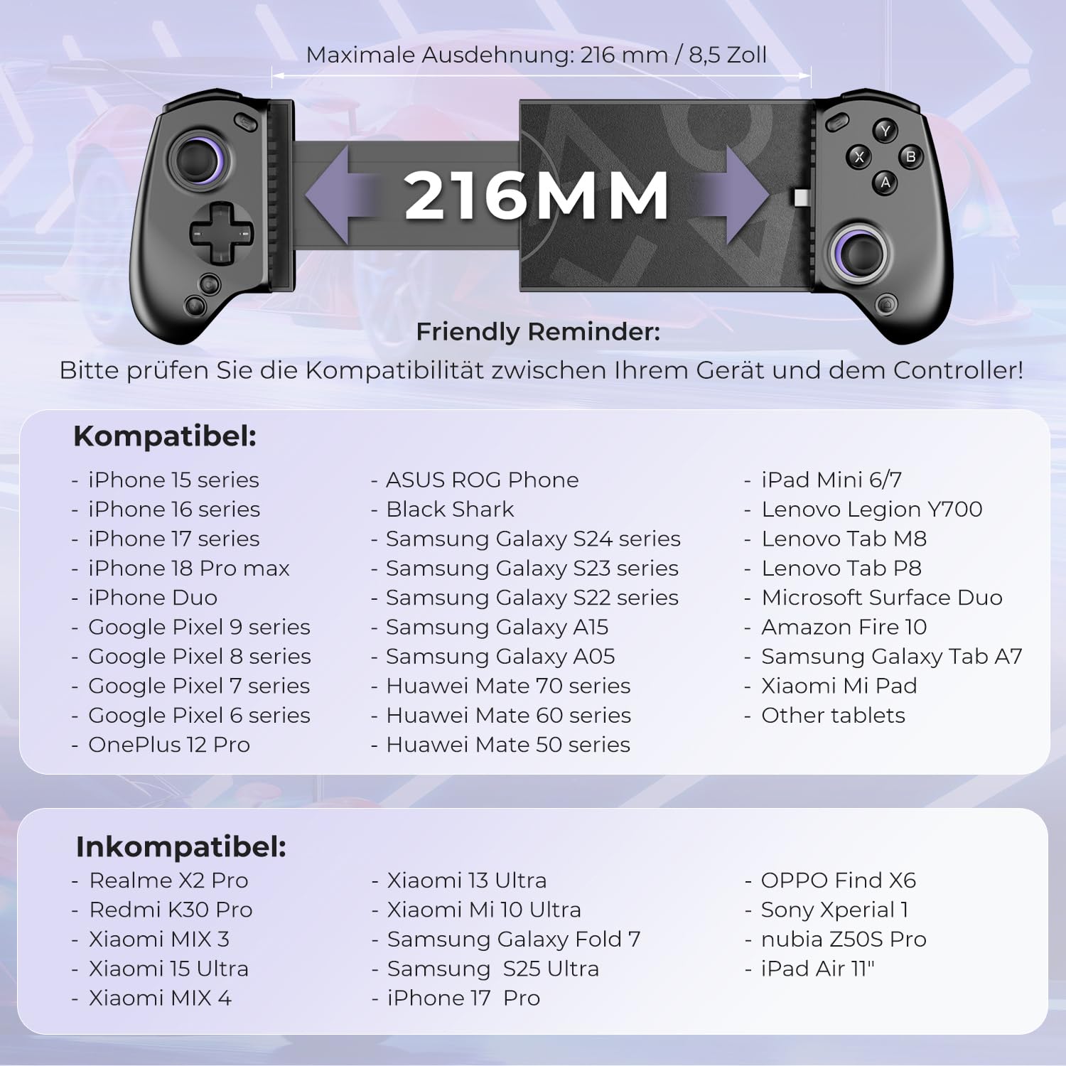 S8 Lite Typ-C Mobile-Gaming-Controller für iPhone Duo/15/16/17/18 Pro Max/iPad Mini 6/7, Android-Smartphones,Tablets,Tragbarer Gamepad mit Hall-Joystick/Trigger anpassbaren Tasten & Tastenbelegung