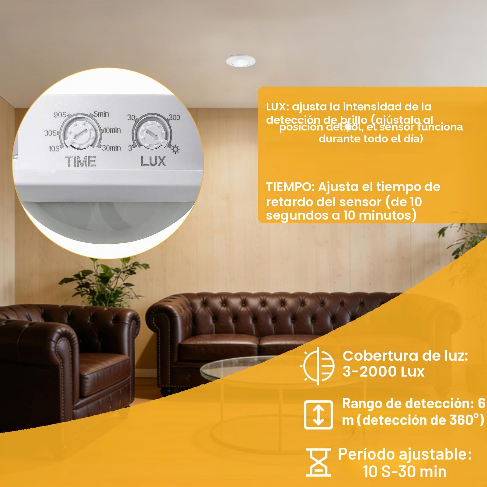 Detector de Movimiento Interior Empotrado Techo Sensor de Movimiento de Presencia Rango de Detección 360° 230V Interruptor Detector Luz Ajustable 10s–30min para Lámparas LED Adecuado