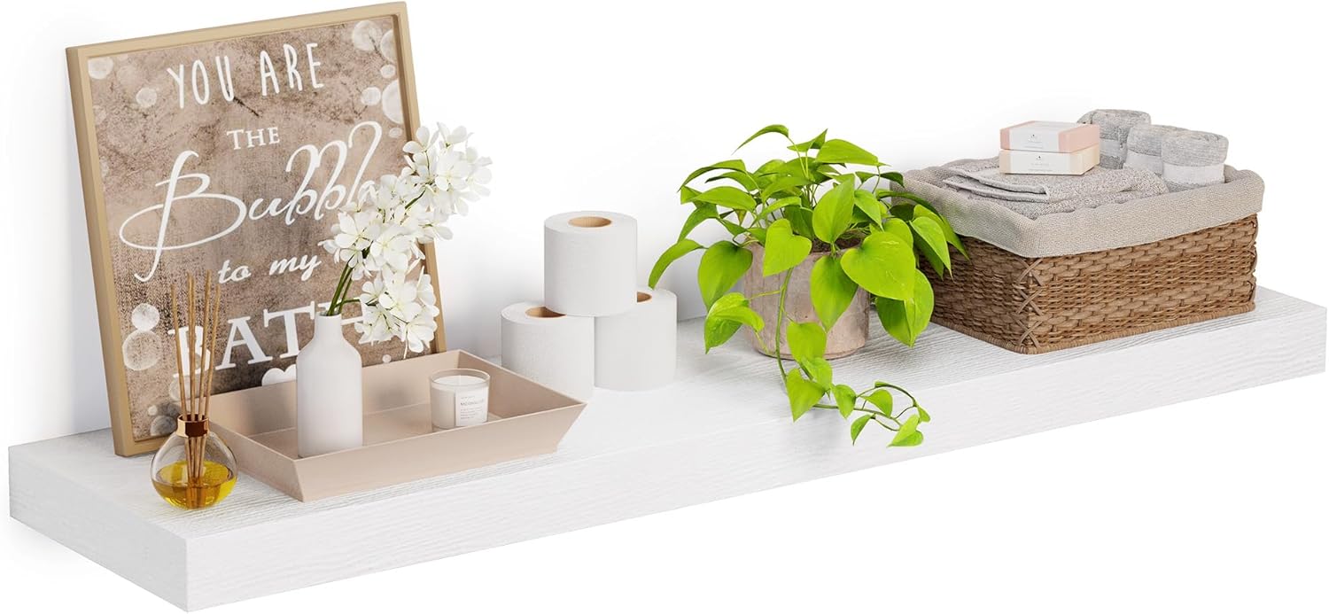 12 Inch Deep Floating Shelves, 55 x 12 inches Long Wall Shelf, Large Extra Display Shelf & Storage Shelf, Rustic Wood Wall Shelves for Fireplace Mantel, Set of 1(White)