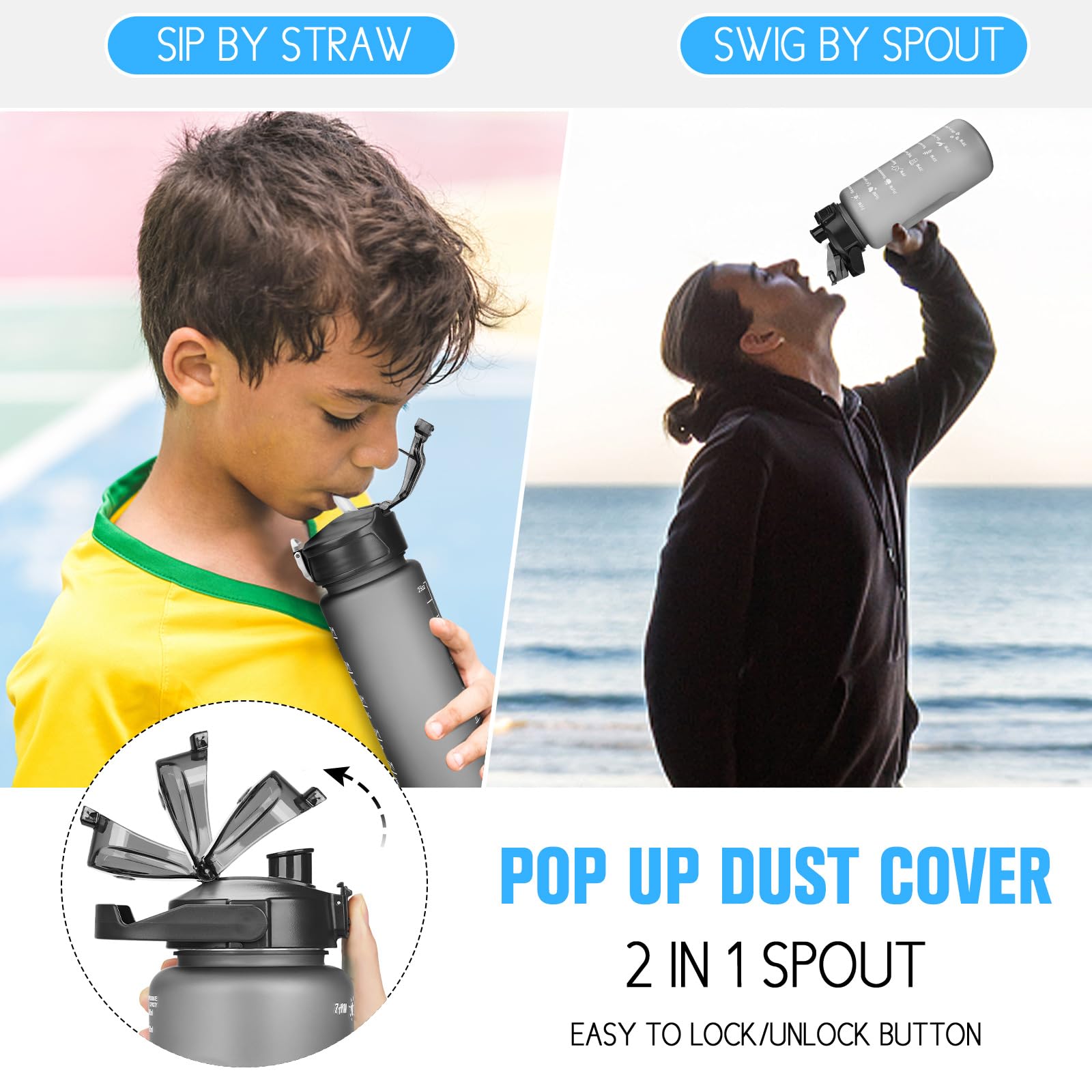 CodiCile Confezione da 2 borracce senza BPA, 2L + 750 ml, borraccia sportiva con indicatore del tempo e cannuccia, borraccia da 2 litri per palestra con spazzola, grande pennarello motivazionale