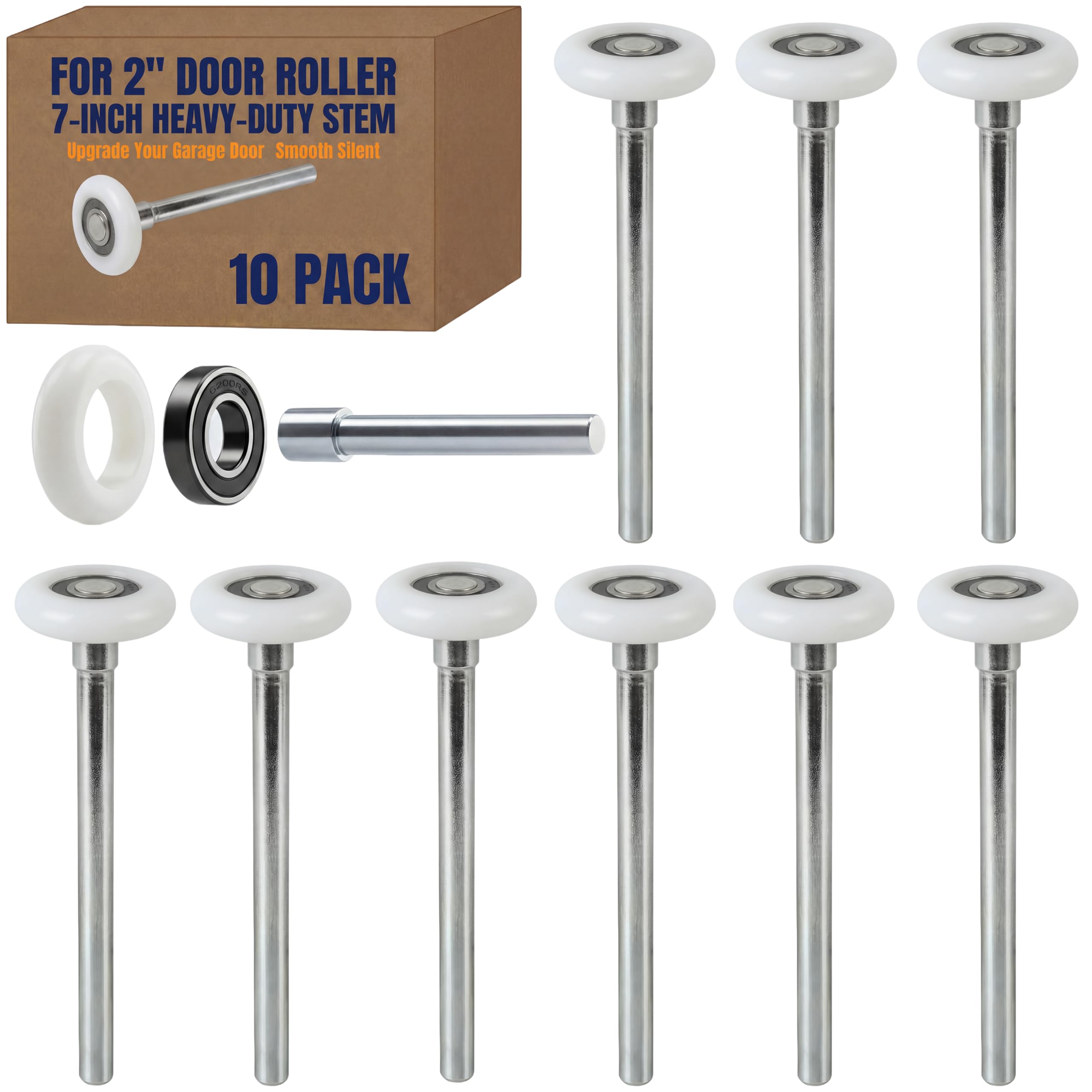 10 Pack 7" Stem 2" Sealed Nylon Commercial Garage Door Roller, Ultra Quiet Long-Lasting Durable High Load, Use 6200 Double Seals Precision Bearings for Home&amp;Commercial