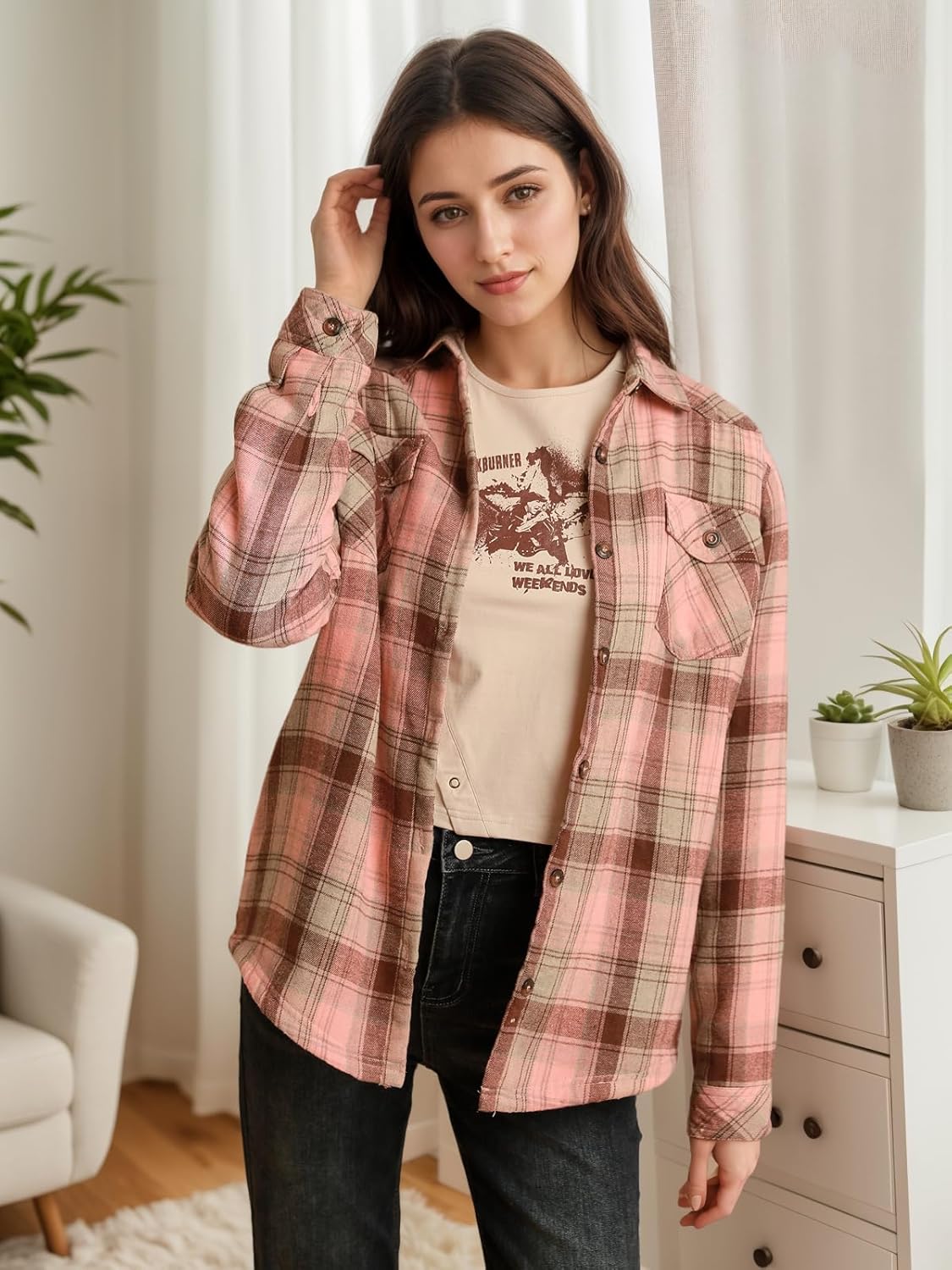 ThCreasa Womens Sherpa Lined Flannel Jacket with Hand Pockets, Plaid Button Down Fuzzy Shirt Jackets - Image 2