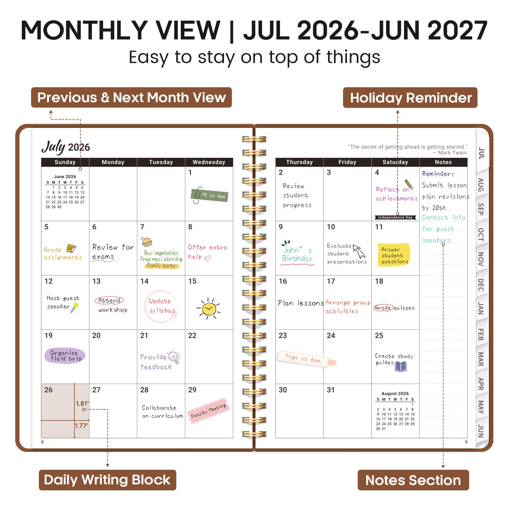 Agenda académique 2026-2027, 21,6 x 27,9 cm, calendrier hebdomadaire et mensuel, juillet 2026 à juin 2027, grand organiseur à couverture rigide avec onglets, parfait pour les enseignants, les