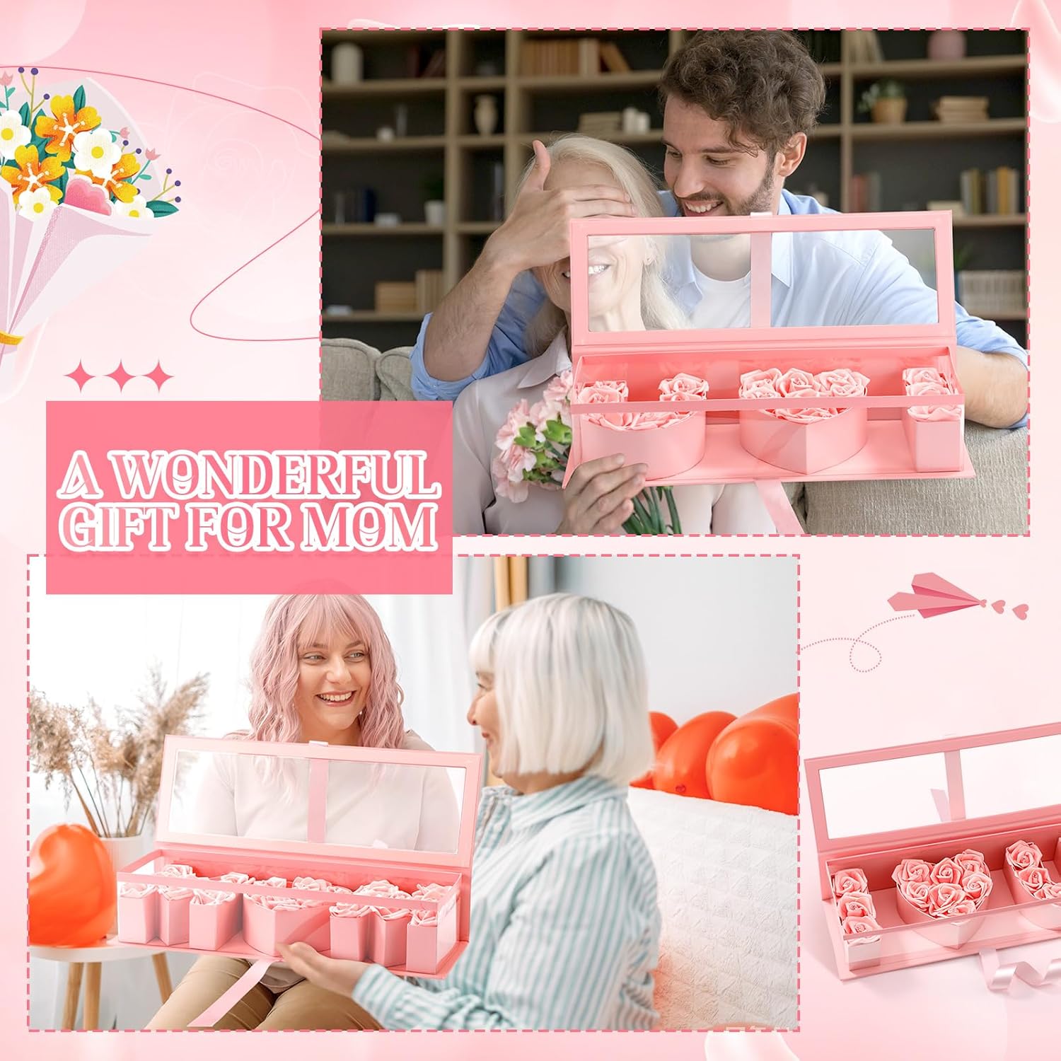 Fuyoooo 2 Set I Love You and Mom Letter Boxes Empty for Mothers Day DIY Fillable Chocolate Candy Flower Gift Packaging 17.52x6.1x3.82 Inch with 50 Roses 50 Bouquet Pins 2 3D Greeting Cards(Pink)