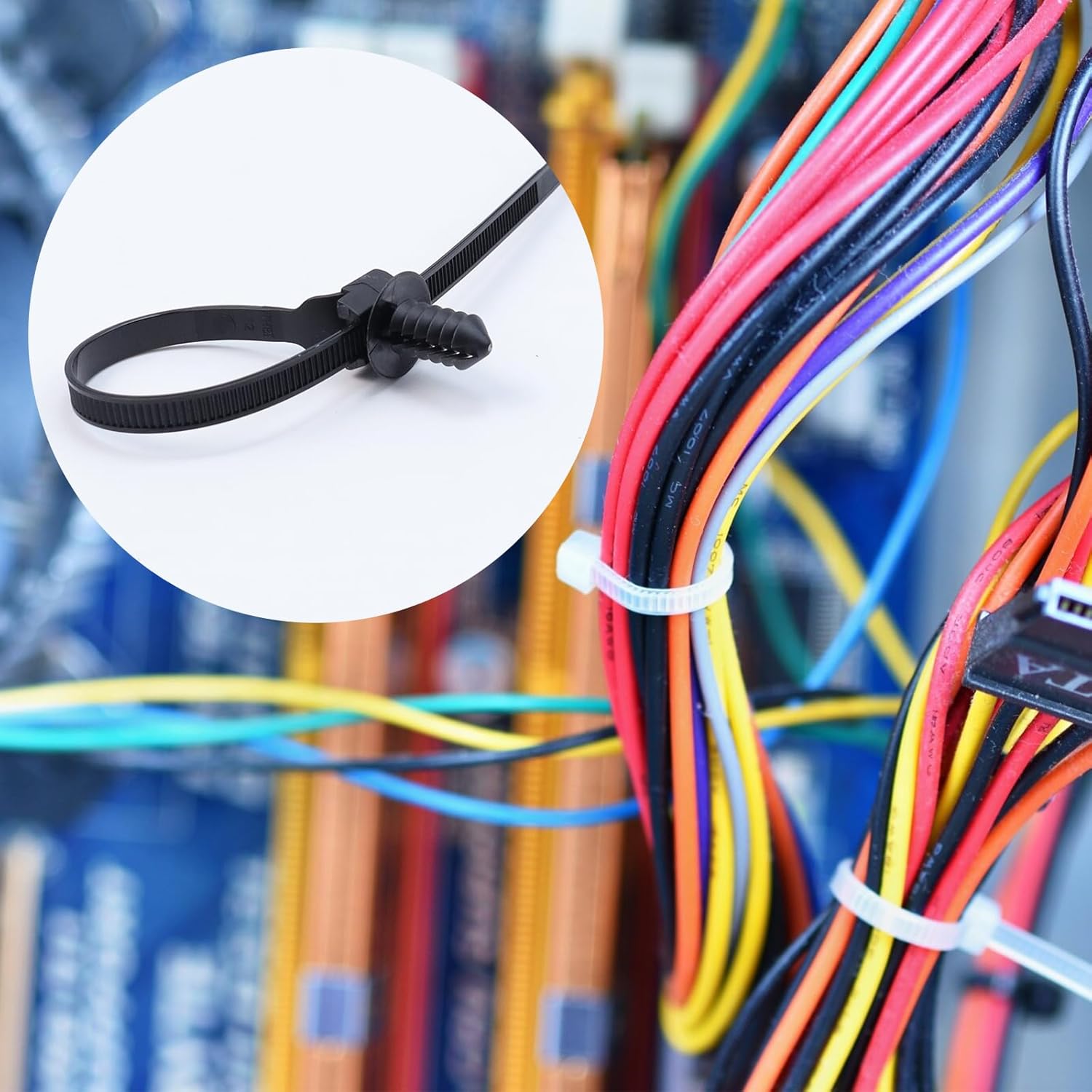 Push Mount Zip Ties 50Pcs, Heavy Duty Black Wire Zips Tie Mounts, 2 in 1 Nylon Self Locking Push Mount Cable Zip Tie for Engine Bay Wire Harness, Indoor Wires Tying (8.3"x0.2")
