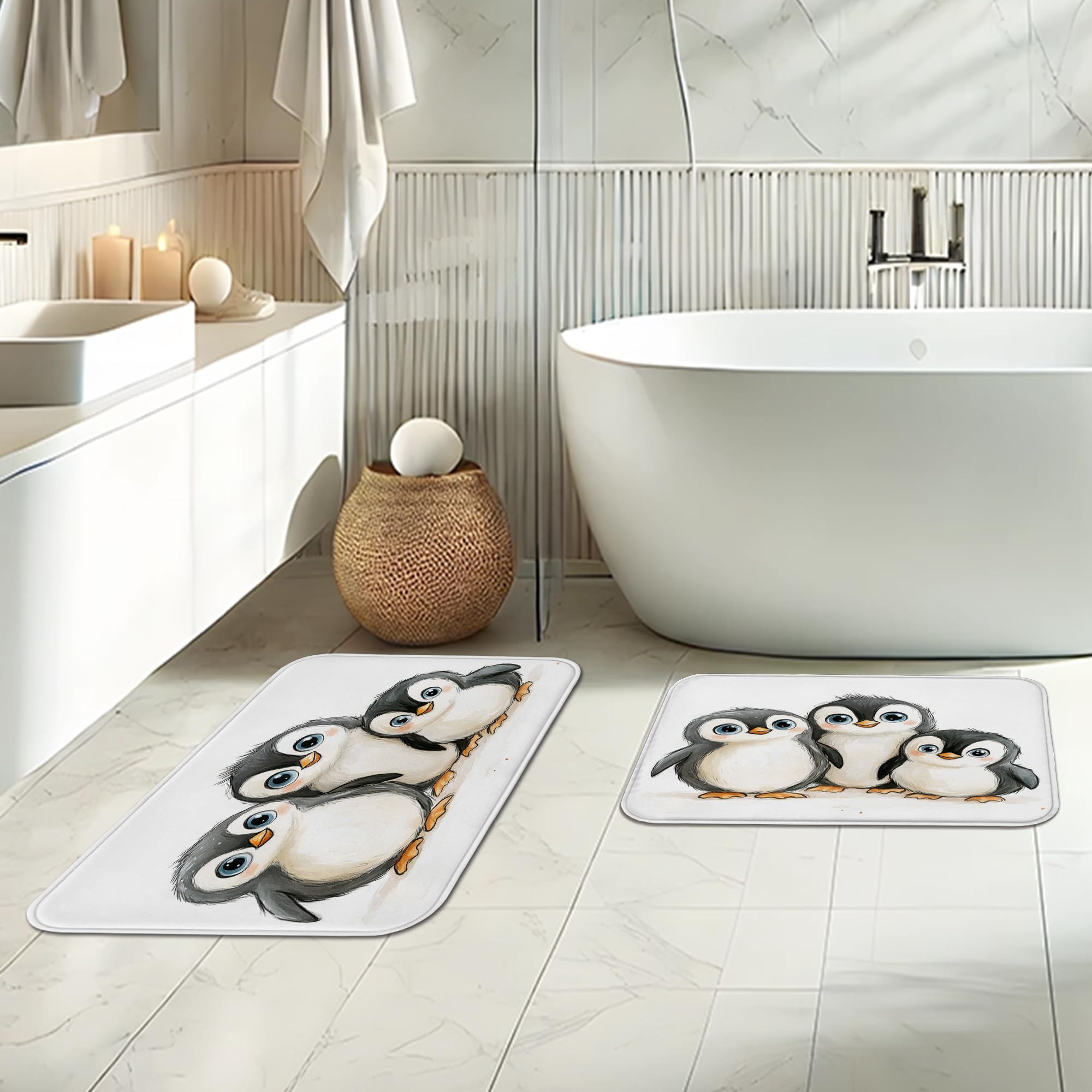 Juego de 3 cortinas de ducha con diseño de pingüino para niños con dos alfombras de baño antideslizantes y lavables (16 x 24 y 20 x 32), decoración de baño de animales infantiles con ganchos