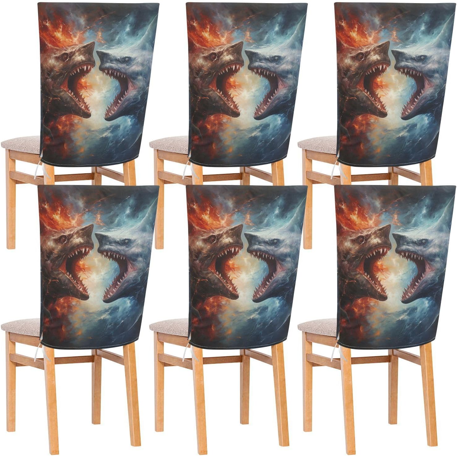 ALAZA Sharks in The Fire and Water Chair Back Cover Set of 6, Washable Reusable Removable Chair Slipcovers Decorative Chair Cover for Home Kitchen Wedding Party