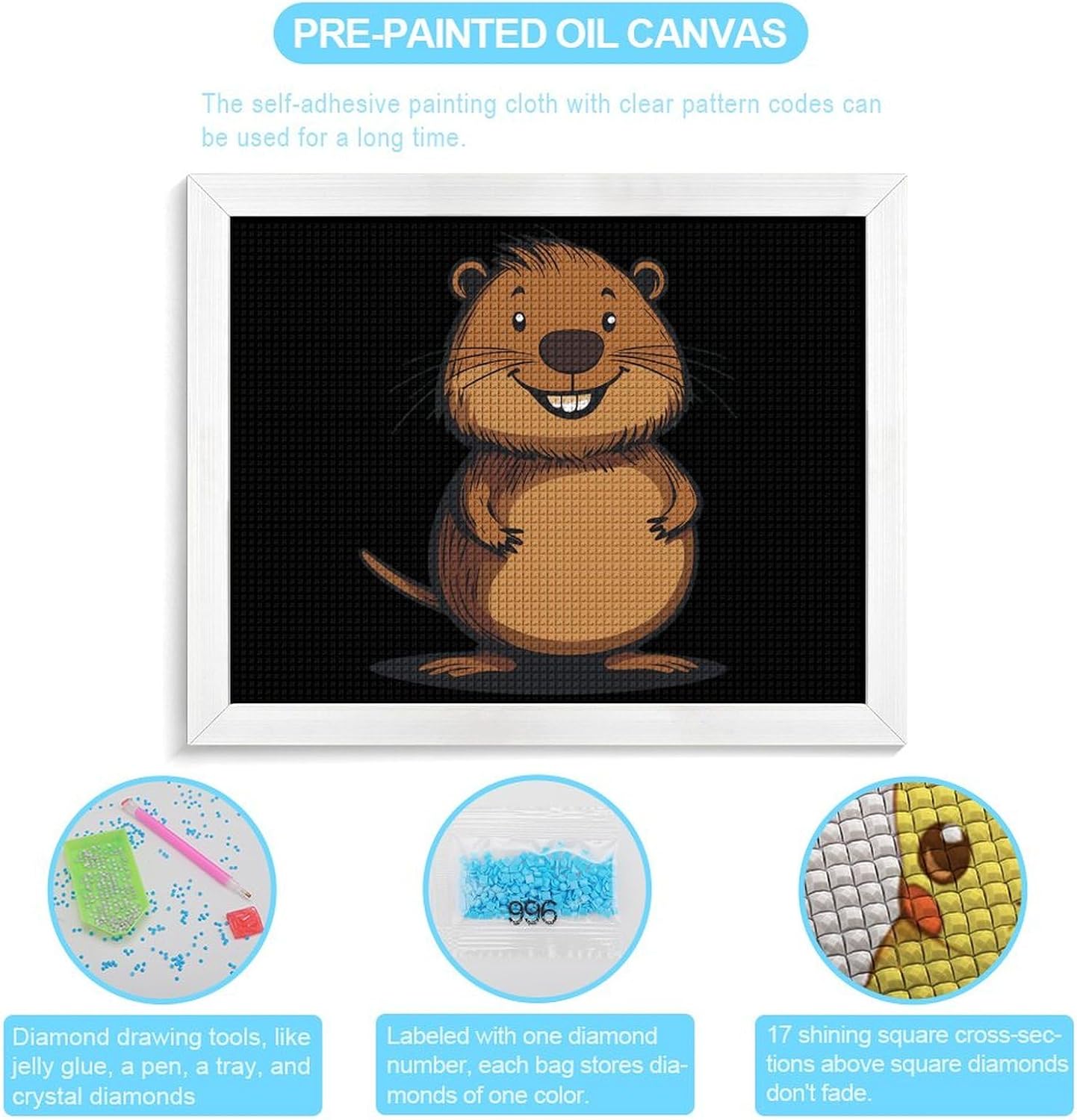 Cartoon Beaver Printed Diamond 5D Painting Kits DIY Full Drill Crafts for Home Wall Decor 16x20 Inch White Wood 50 * 40cm