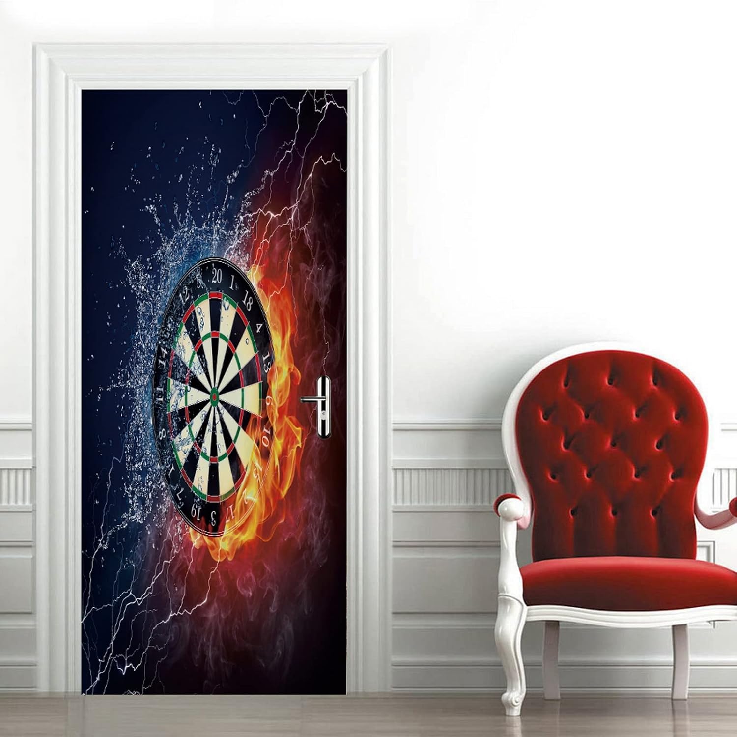A.Monamour 3D Door Stickers for Interior Doors Darts Board in Fire and Water on Black Background Vinyl Removable Self Adhesive Door Poster Wallpaper Mural Decals for Bedroom Office Bathroom 90x200cm