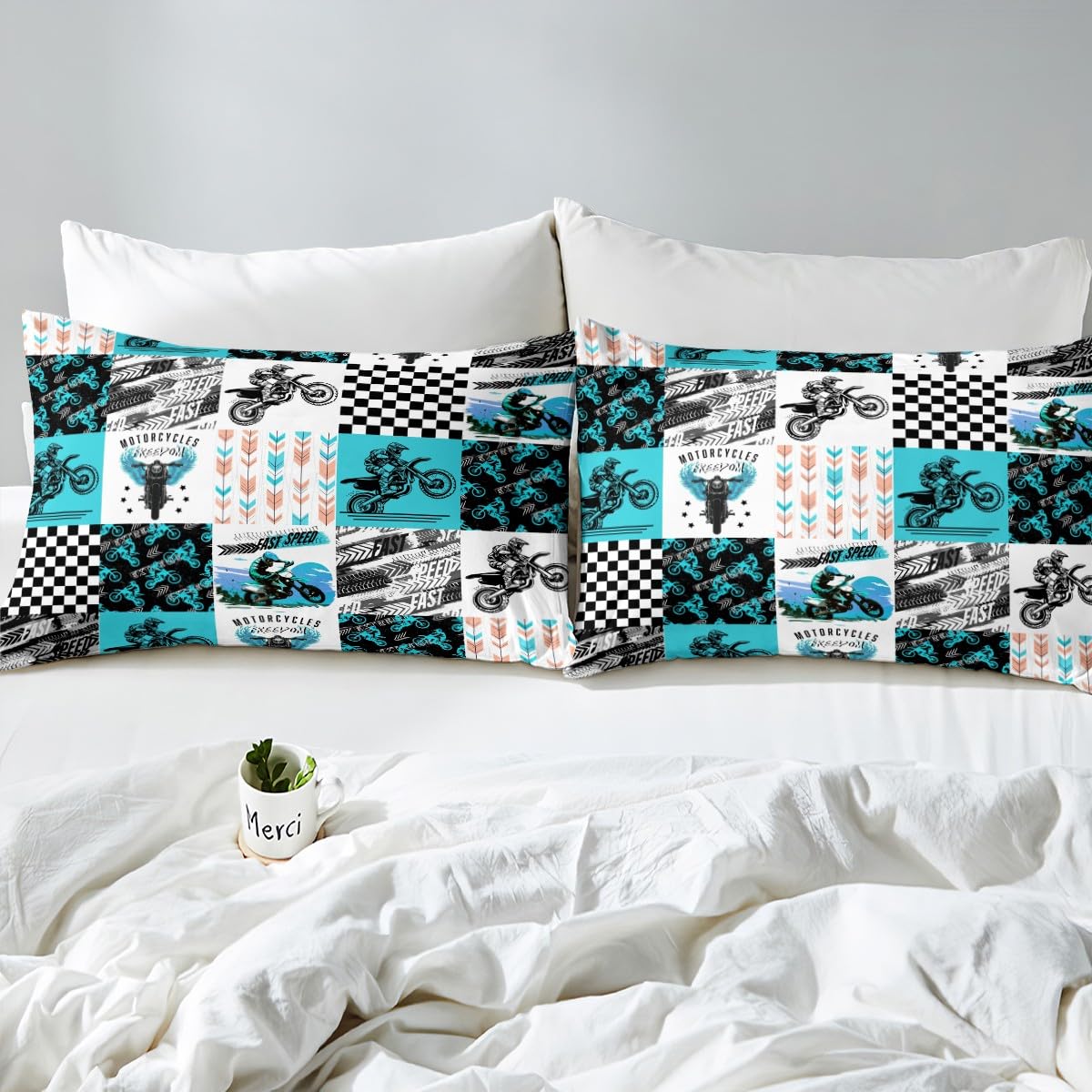 Loussiesd Bambini Dirt Bike Copripiumino 220 x 240 cm, Sport estremi Biancheria da letto Ragazzi Ragazze Corsa Motocross Rider Parure da letto Moto Adolescenti Biancheria da letto Set Decorazione per