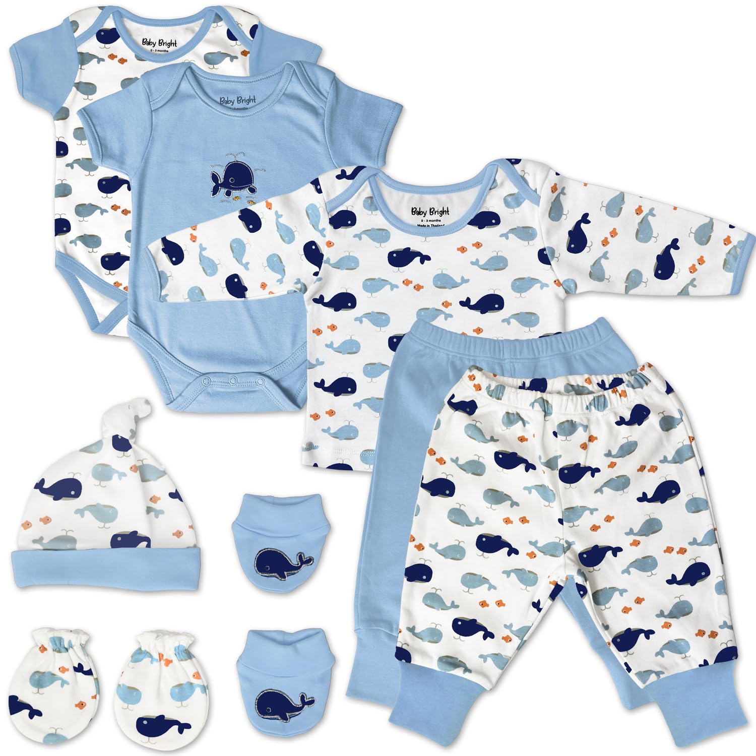 Baby Bright 8 Piece Layette Set for Baby Boys | Made of Soft Cotton for 0-3 Months, Blue Whale