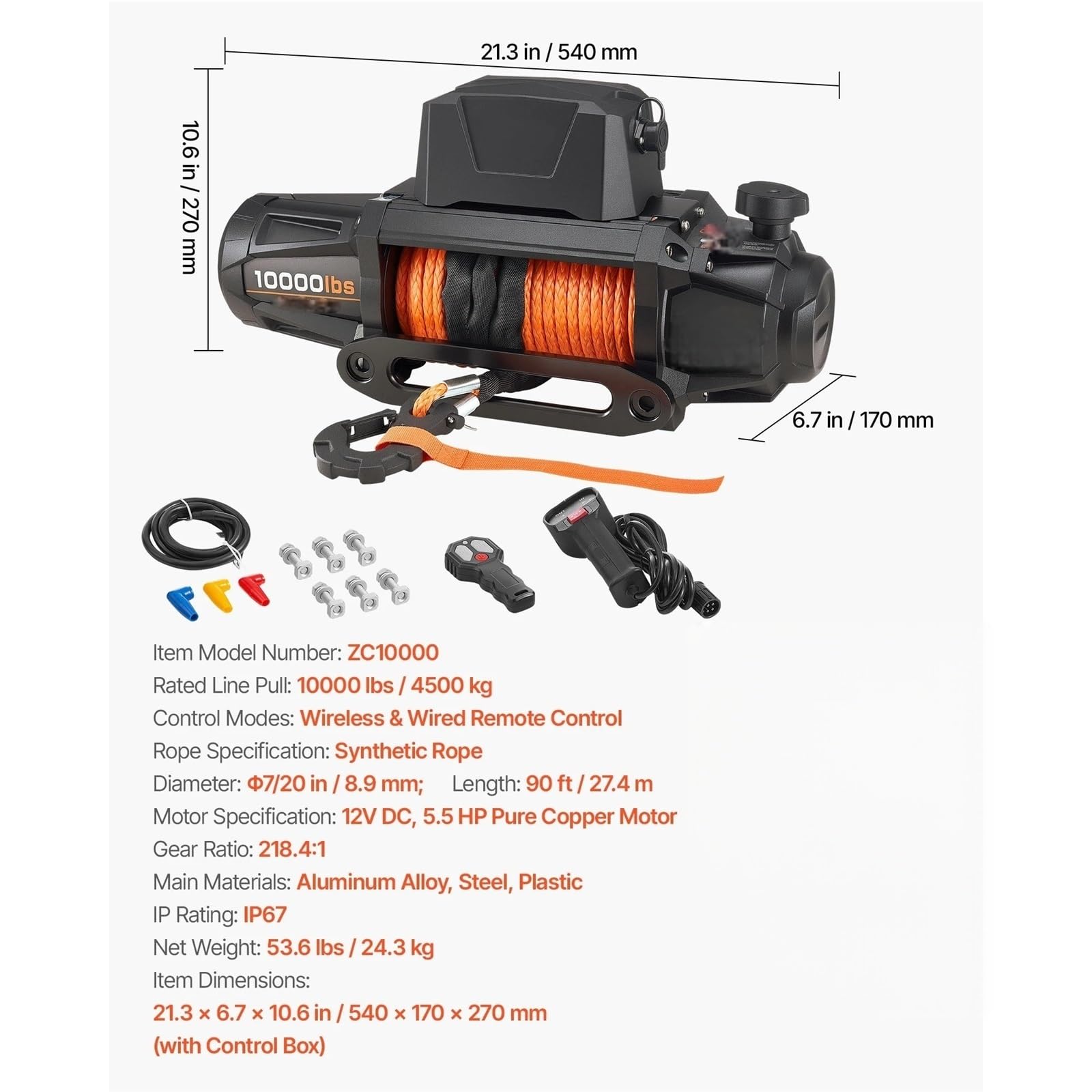 Wciągarka Elektryczna 10000/12000/13500 Funtów 12 V DC Samochodowa Z Liną Syntetyczną O Długości 90 Stóp(10000 lbs)