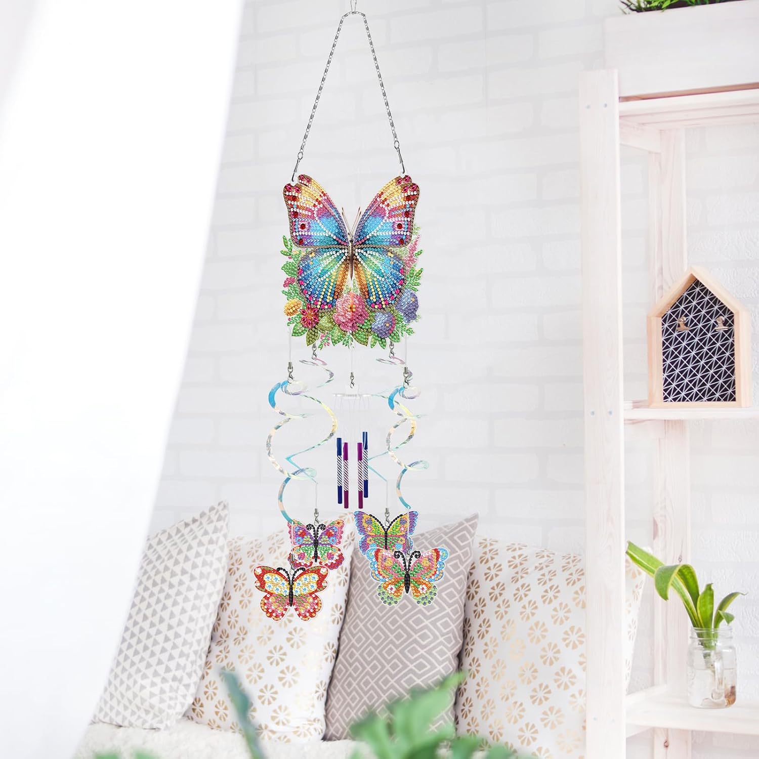 DIY Dotted Diamond Art Painting Wind Chime Kit, Spring Three-Dimensional Diamonds Dot Paintings Hanging Ornaments, for Spring Garden (Double-Sided Point Drilling)-5PCS