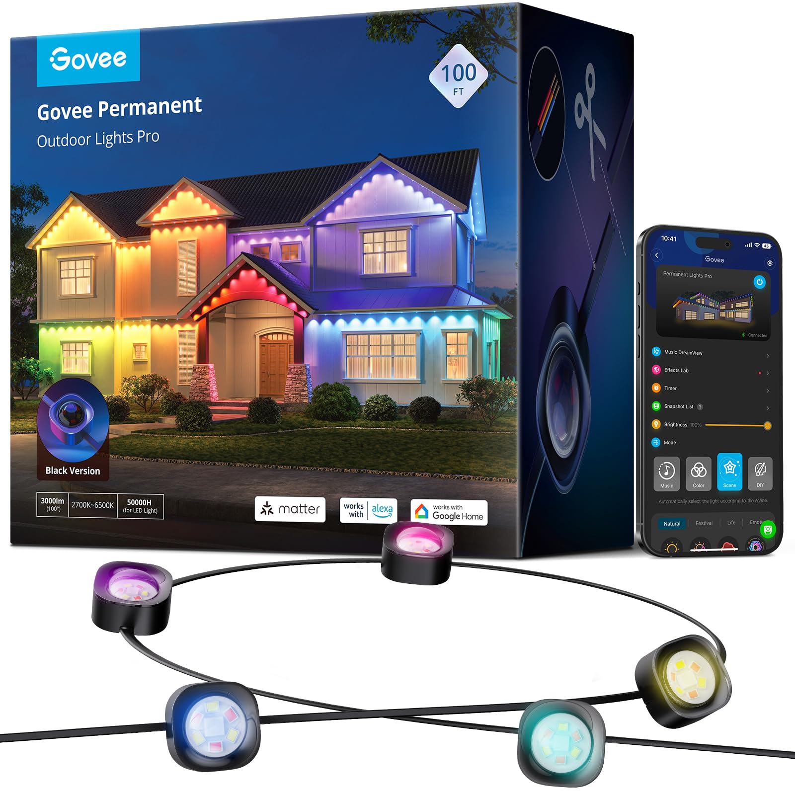 Govee Permanent Outdoor Lights Pro, 100ft with 60 RGBIC LED Lights for Daily and Accent Lighting, 75 Scene Modes for Outdoor Decor, IP67 Waterproof, Works with Alexa, Google Assistant, Matter, Black