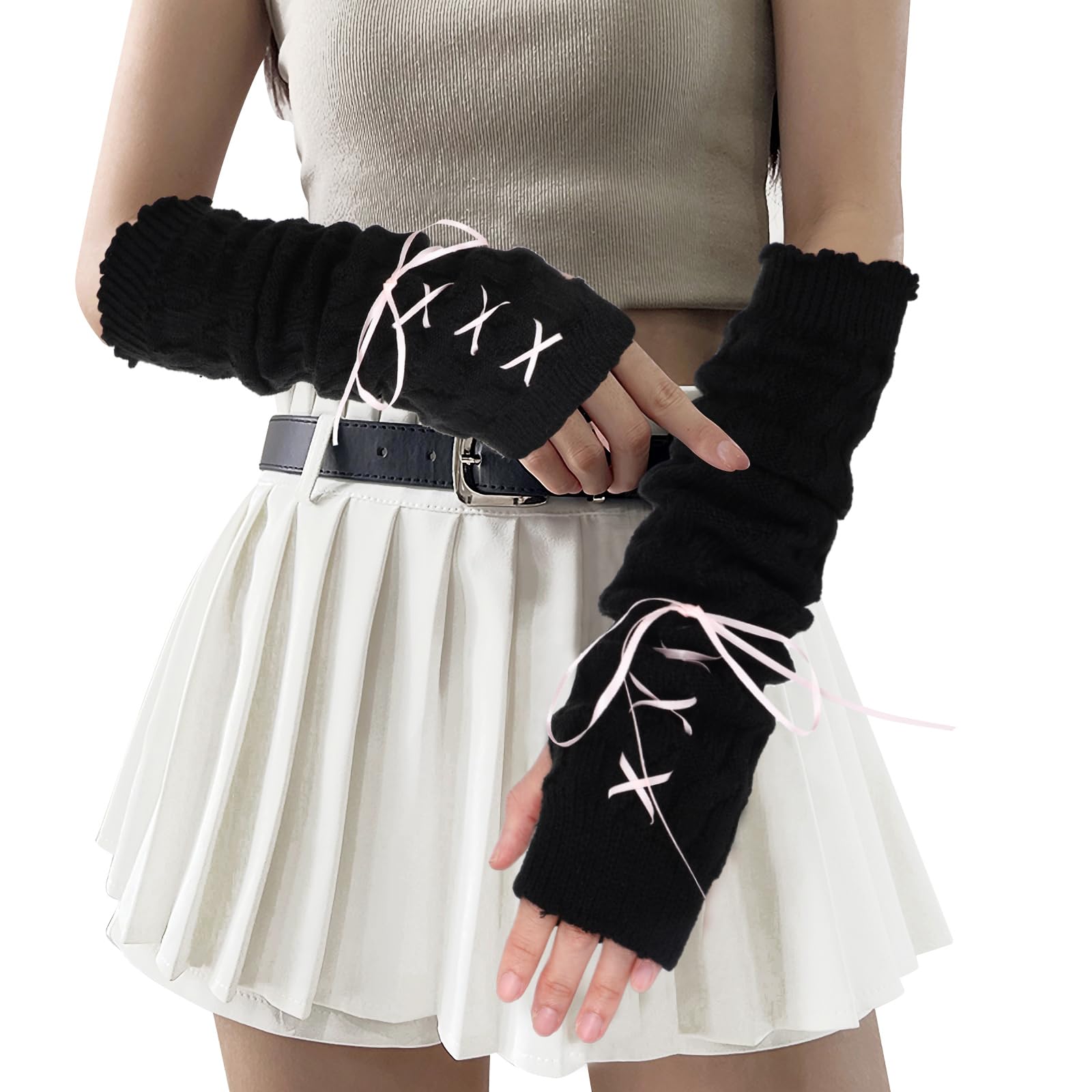Arm Warmers Cute Y2k Harajuku Japanese Style Long Fingerless Gloves for Women Girls, Cold Weather Fsahion Lotila Arm Sleeve Thumb Hole Gloves (15.7Inch)(Black)