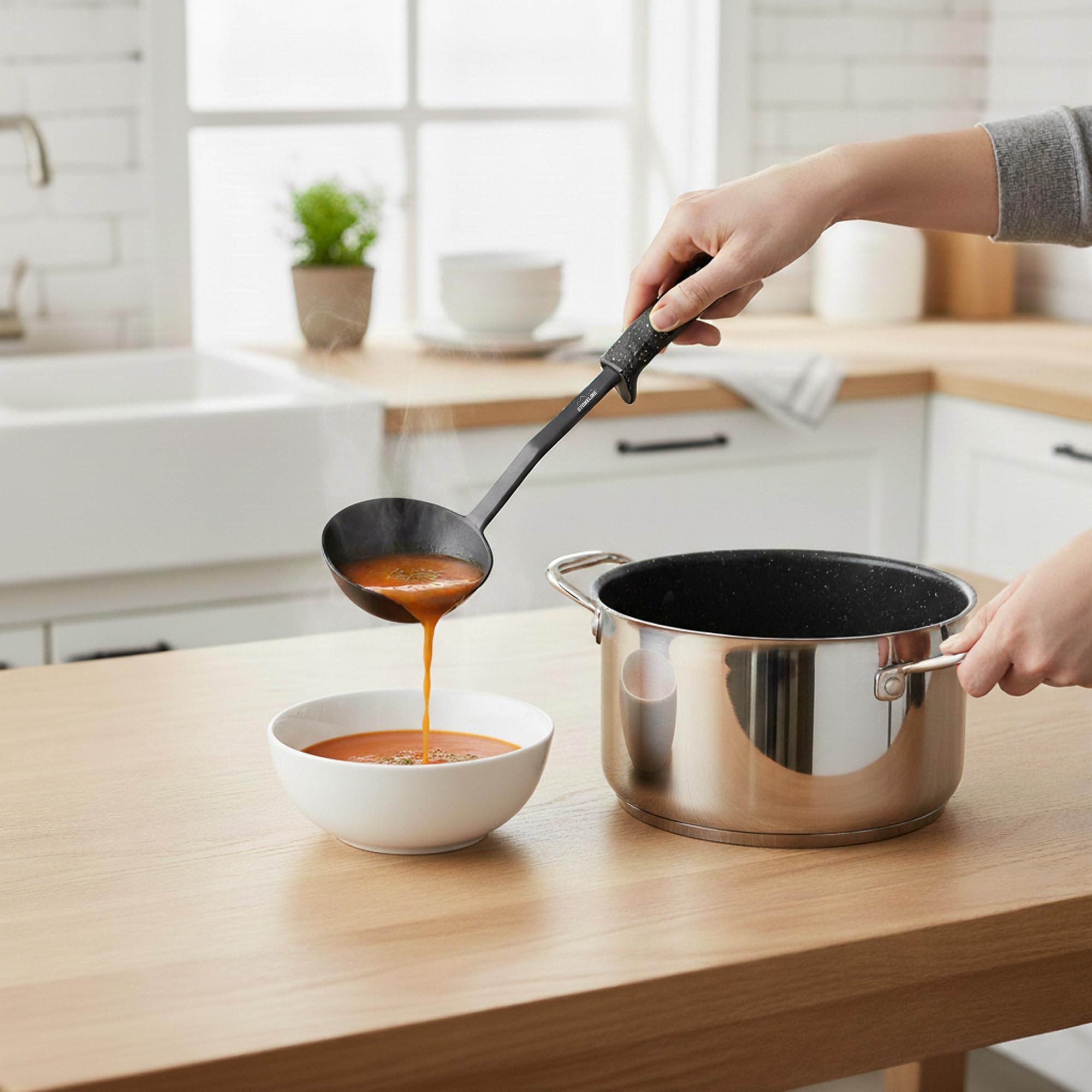 STONELINE Juego de 9 Utensilios de Cocina con Soporte Integrado al Mango, de Nylon Resistente al Calor para Ollas Sartenes Antiadherentes Utensilio Cocina Espátula Cucharón Varillas Cuchara Espumadera