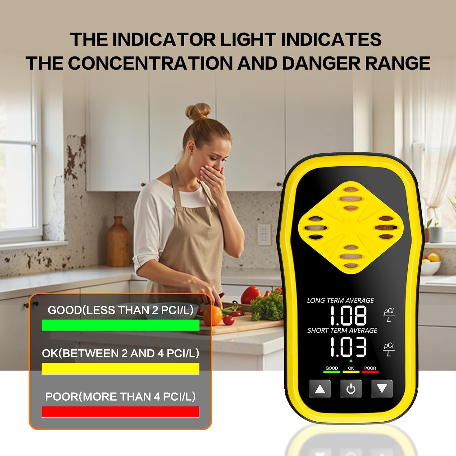 Digital Radon Detector - HD LCD Desktop Monitor with 10-Year Sensor, 2-3 Year Battery (6H Charge), Real-Time pCi/L Readings for Home & Office Safety