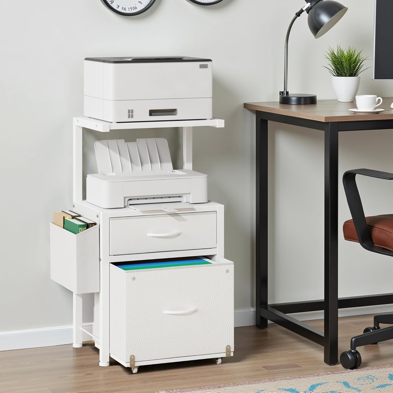 2-Drawer File Cabinet, Filing Cabinet with 2-Tier Printer Shelves, Office Cabinets with Side Bag&File Drawer for A4/Letter Size, Printer Stand with Storage for Home Office, White, 16.5" W