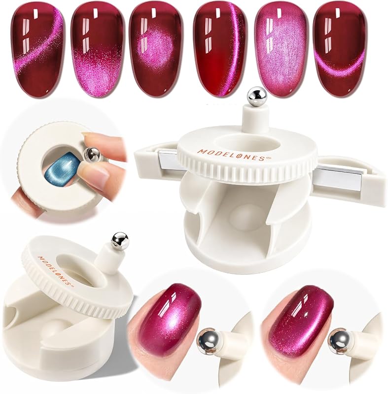 Modelones Cat Eye Magnet 5D Automatic Nail Magnet for Cateye Gel Polish | Pink Upgraded 3-in-1 Strong 360° Rotating Glass Bead Magnetic Side-Light Nail Magnet for Beginner-Friendly DIY Nail Designs