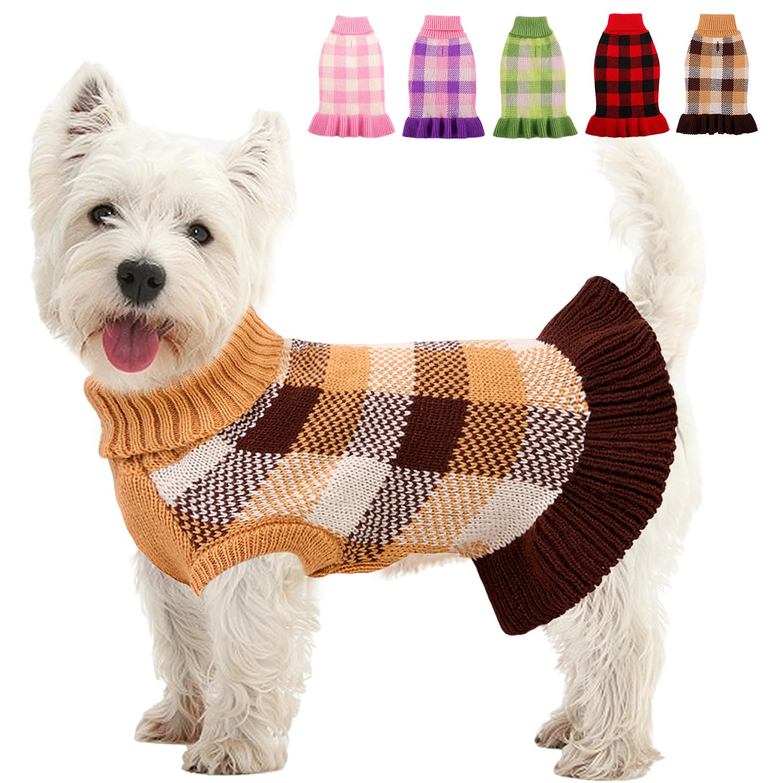 Dog Sweater Dress Plaid Knitwear for Small Medium Dogs Warm Puppy Pet Turtleneck Stretch Pullover Cute Fall Winter Vest Clothes with Leash Hole for