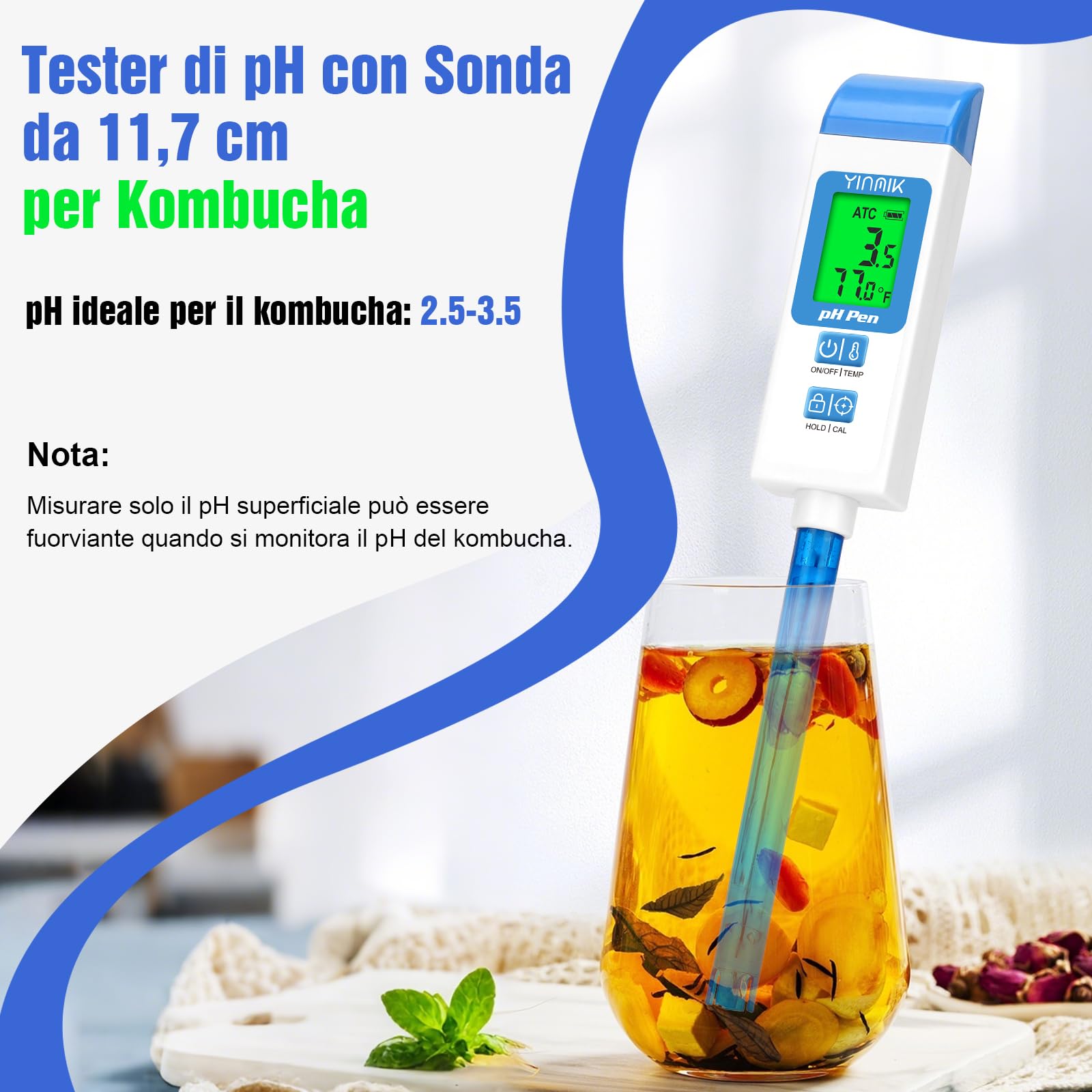 YINMIK Misuratore di pH Digitale da Laboratorio con Sonda pH da 11,7 cm | con ATC, Per Alimenti, Per Bottiglie a Collo Stretto, Kit di Test, Preparazione Kombucha
