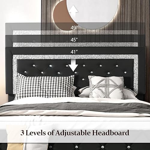 Miniatura 6 de 4 EVER WINNER Base de cama Queen con cabecera capitonada de diamante, plataforma tamaño Queen tapizada de piel sintética con listones de acero