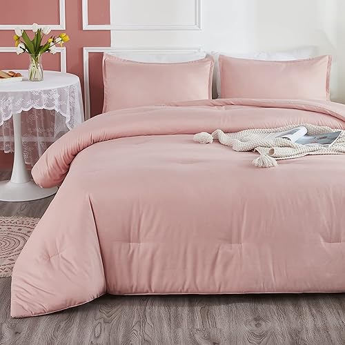 Miniatura 5 de Litanika Juego de edredón rosa tamaño Queen de 3 piezas para niñas y mujeres, juego de ropa de cama liso para todas las estaciones (edredón de 90 x