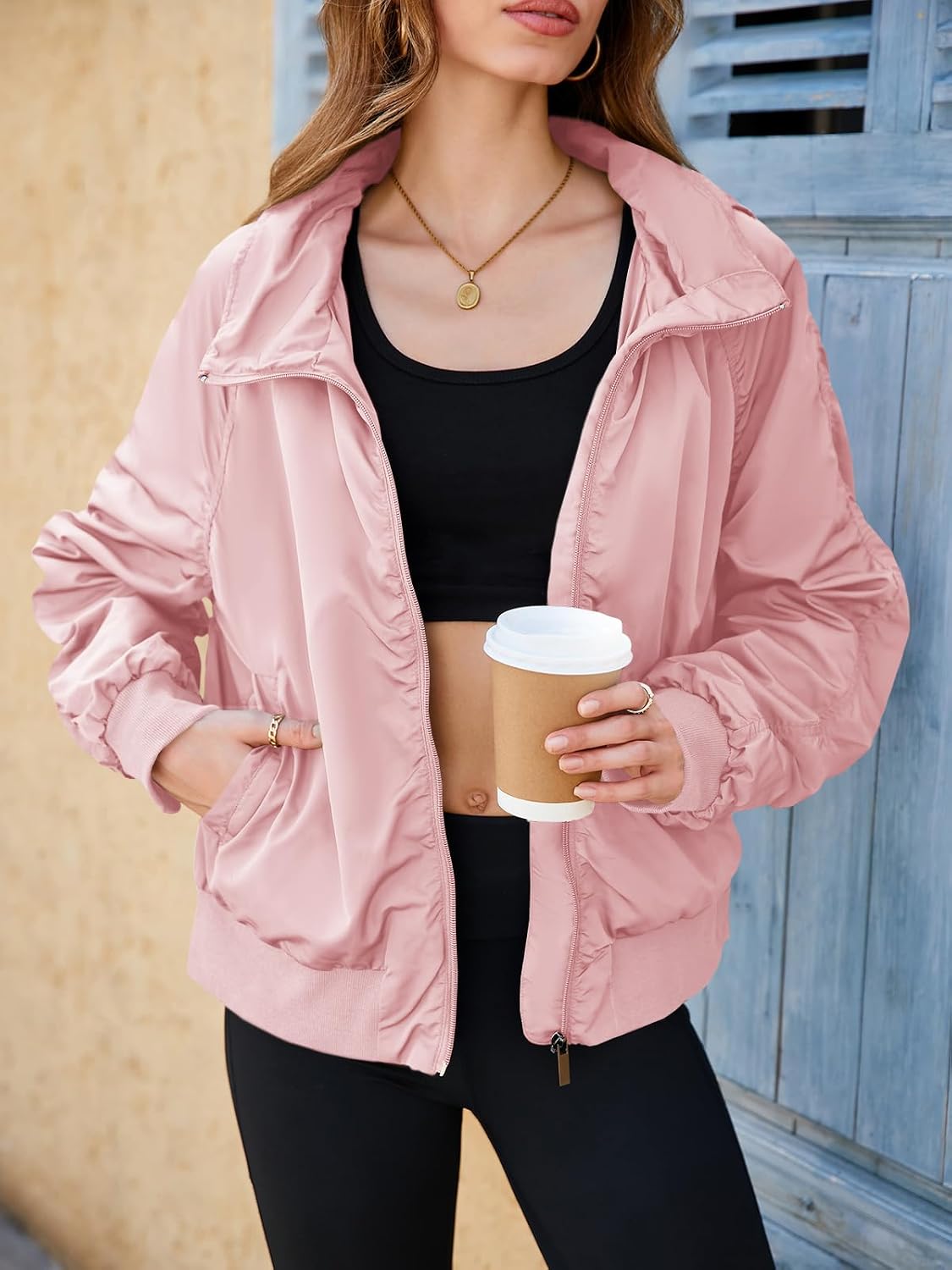 Fisoew Womens Windbreaker Crop Jackets Long Sleeve Zip Up Hidden Hooded Winter Bomber Jacket with Pockets