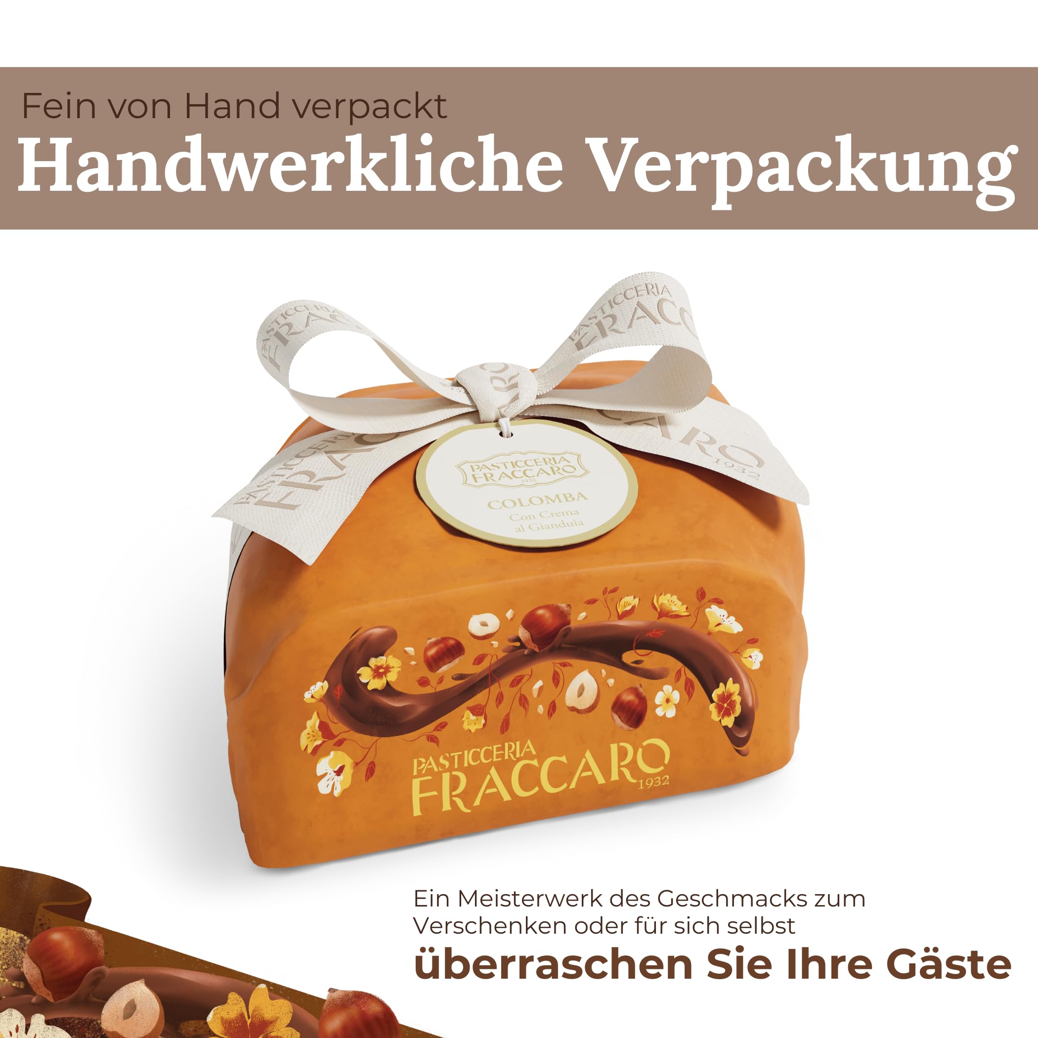 Artisan Colomba gefüllt mit Gianduia-Creme, 750 gr - Pasticceria Fraccaro 1932, Osterkuchen mit Gianduia-Creme und Schokoladenglasur, ohne kandierte Früchte, natürlich gesäuert, Verpackungslinie