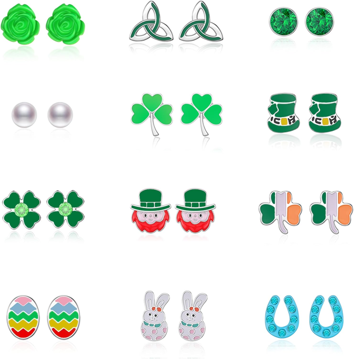 12 Pairs St Patrick's Day Stud Earrings Set for Girls Cute Easter Bunny Egg Earrings for Women Teen Girls Green Shamrock Clover Celtic Earrings Irish Jewelry