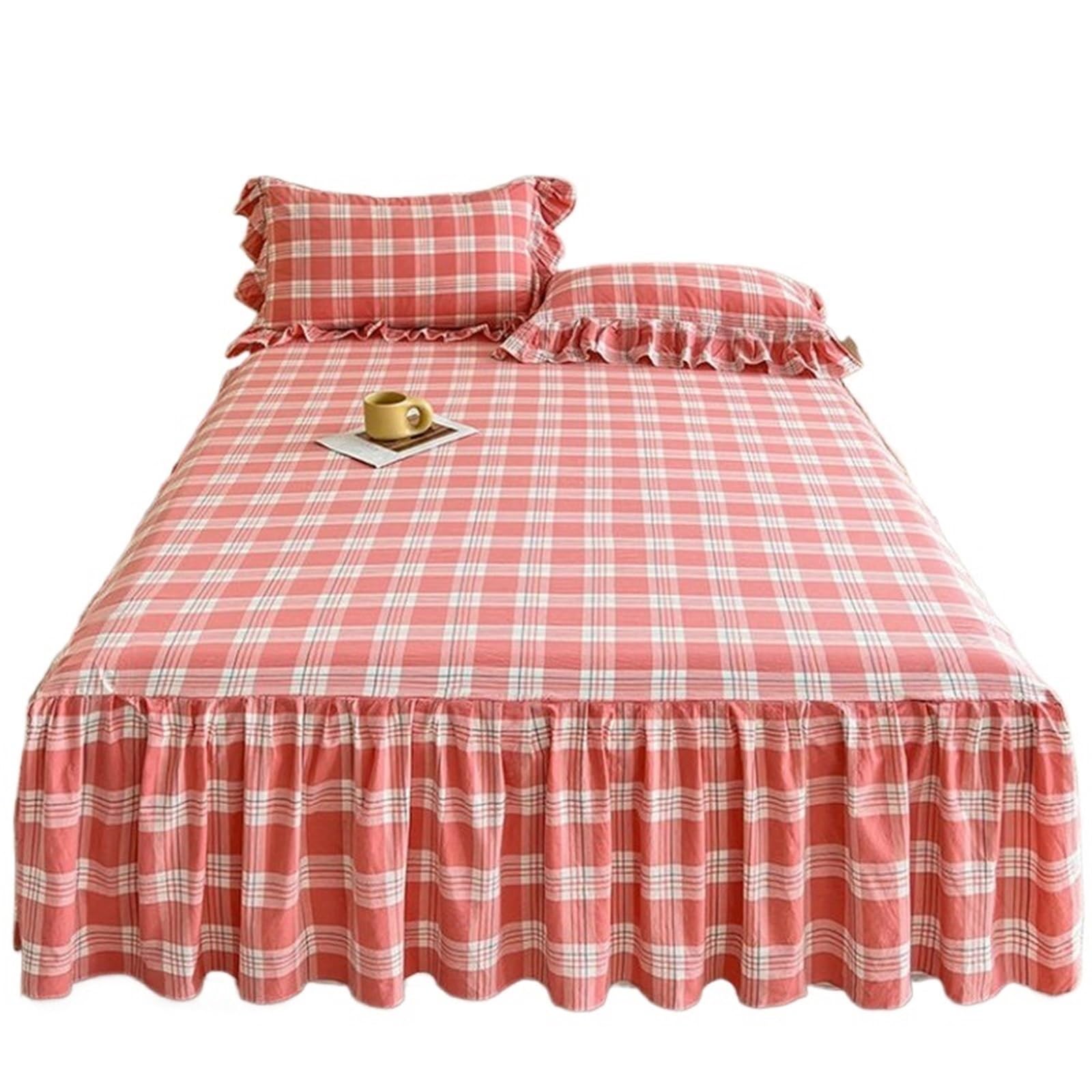 1pc Plaid Ruffles Bed Skirt Soft Single Double Queen King Bedspread With Elastic Band At Four Corners(No Pillowcase)(Color1,Double 137x200cm 1pc)